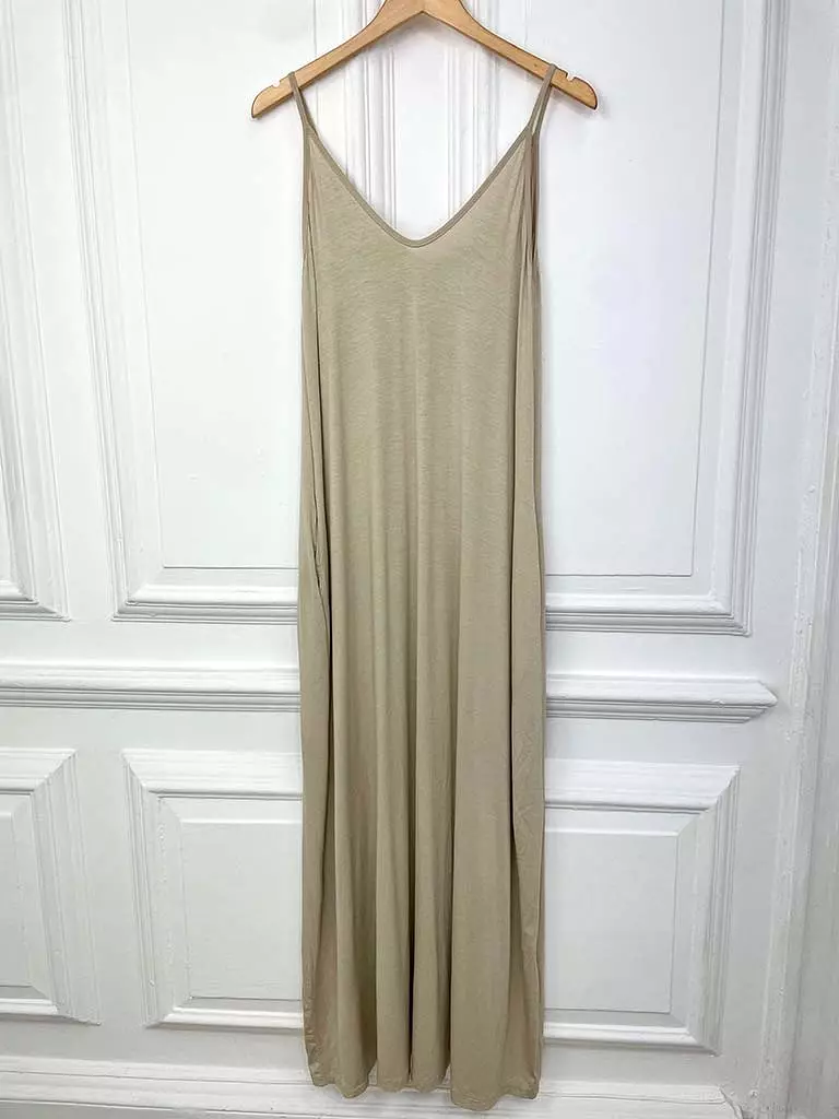 Jersey Spaghetti Strap Maxi Dress in Stone