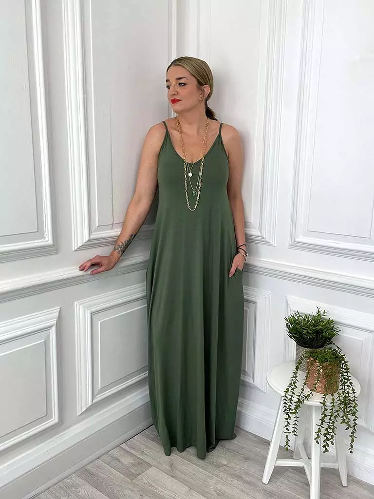 Khaki Maxi Dress Spaghetti Strap