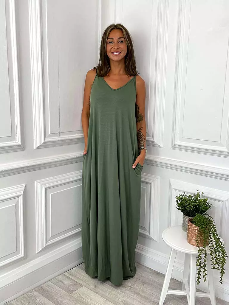 Khaki Maxi Dress Spaghetti Strap