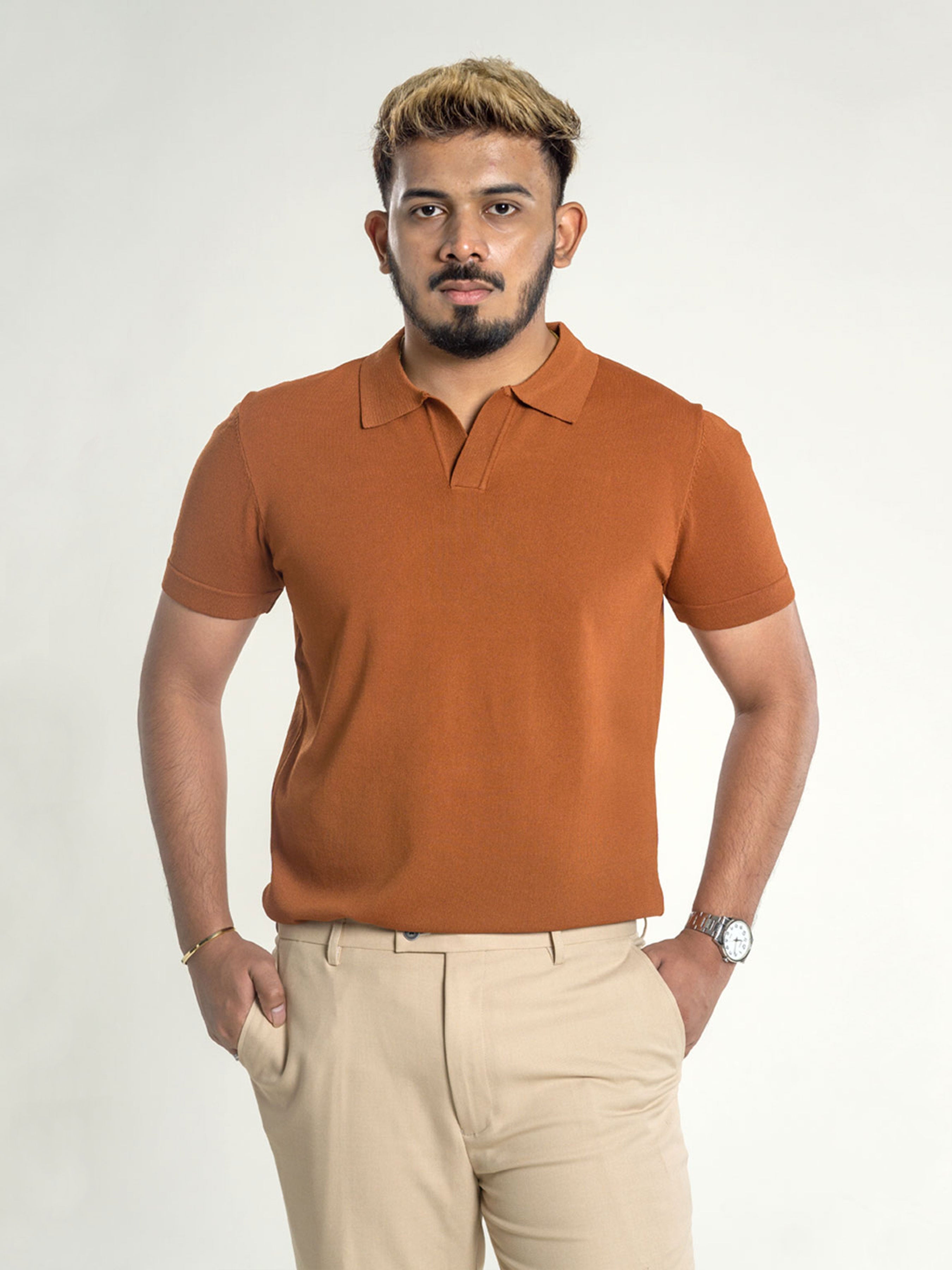 Knit Polo Shirt - Cinnamon Brown Open Collar