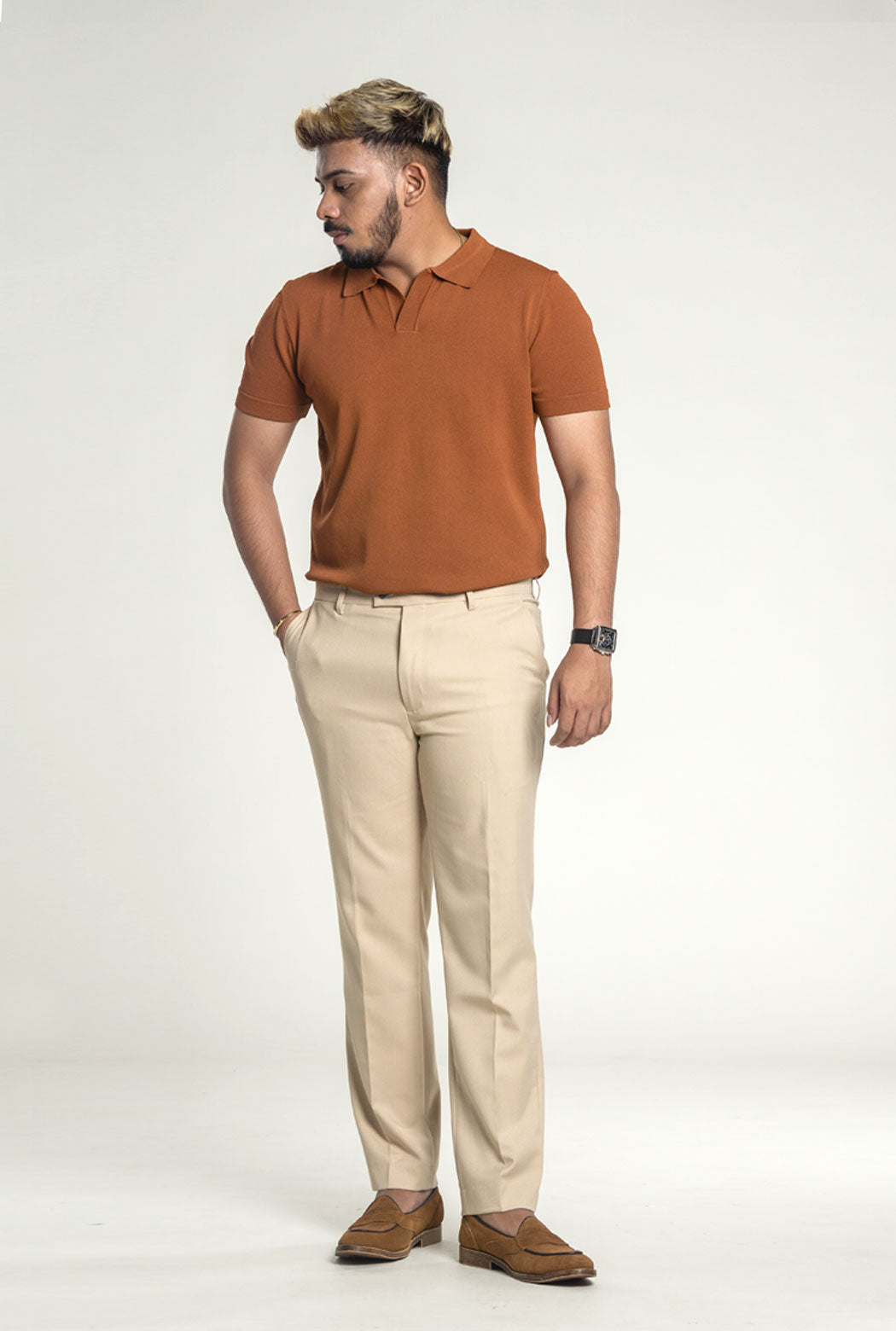 Knit Polo Shirt - Cinnamon Brown Open Collar