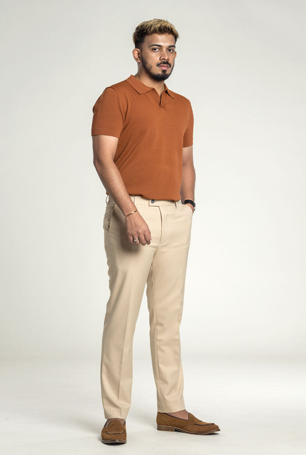 Knit Polo Shirt - Cinnamon Brown Open Collar