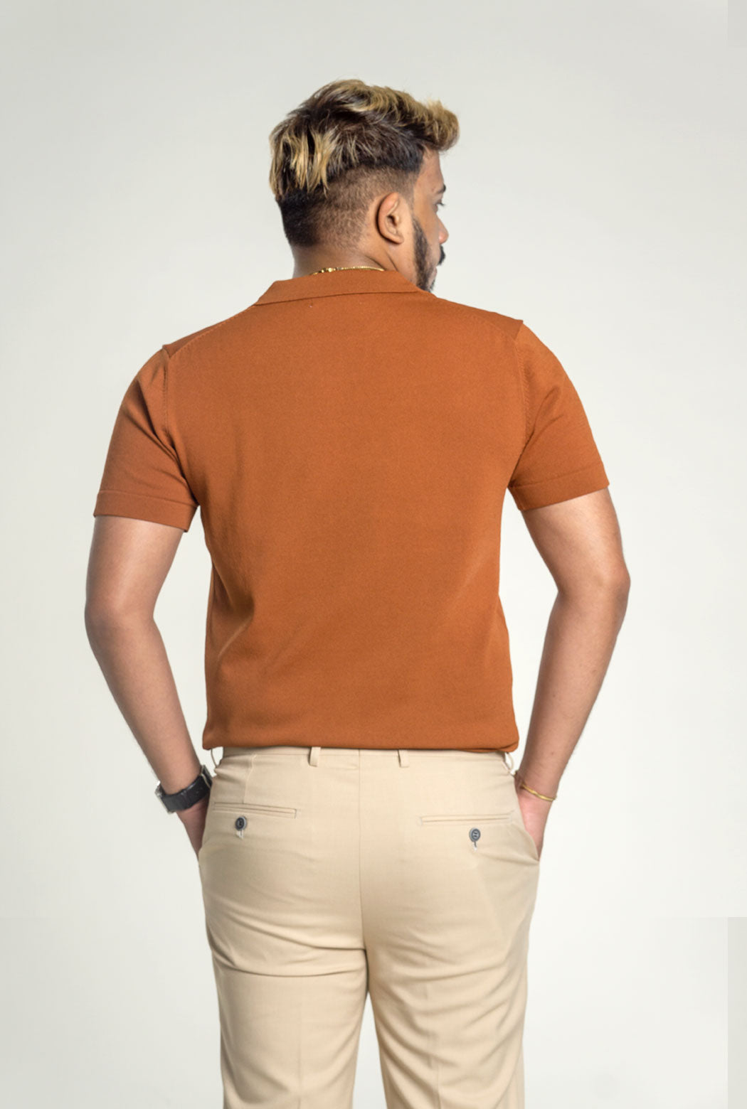 Knit Polo Shirt - Cinnamon Brown Open Collar