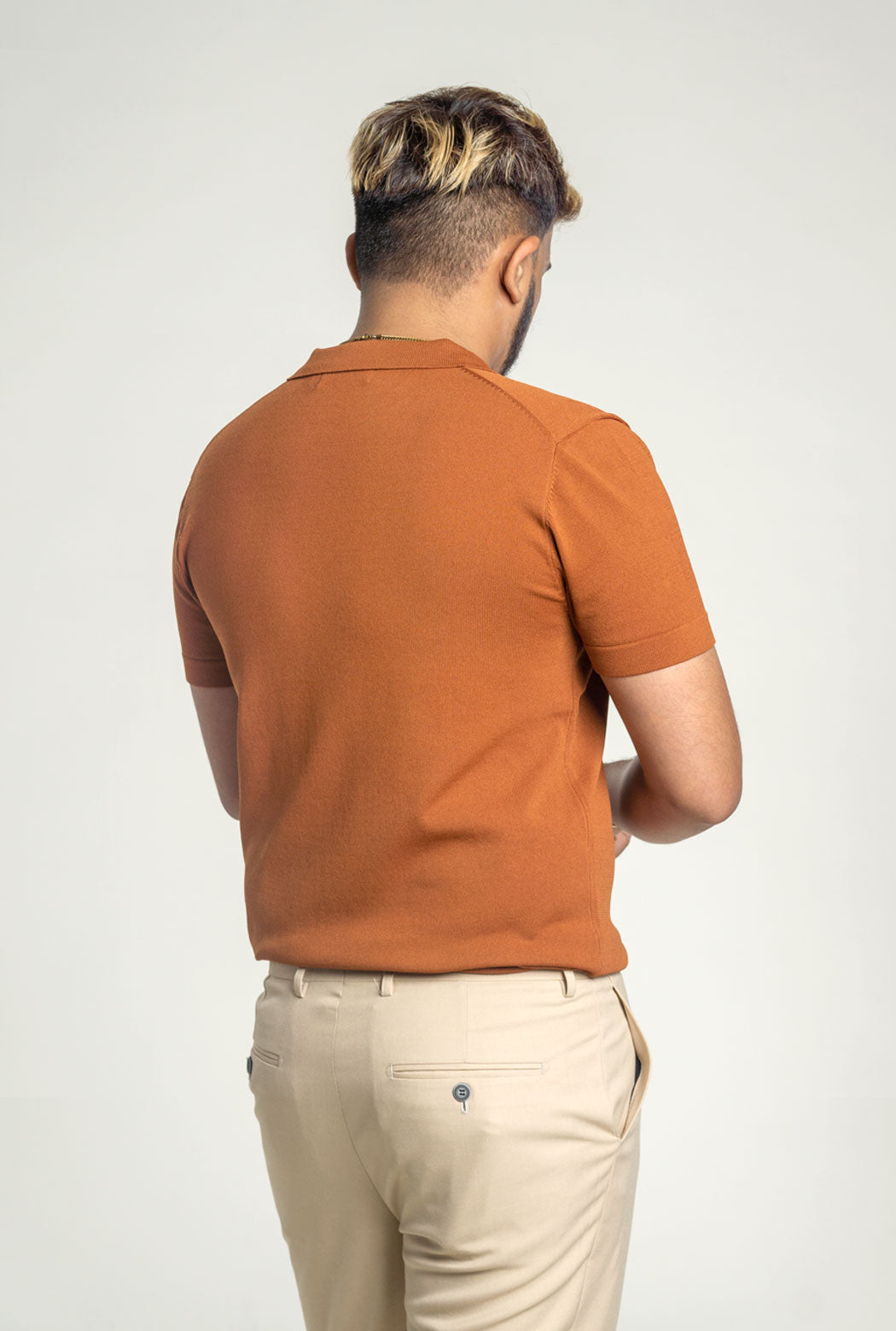 Knit Polo Shirt - Cinnamon Brown Open Collar