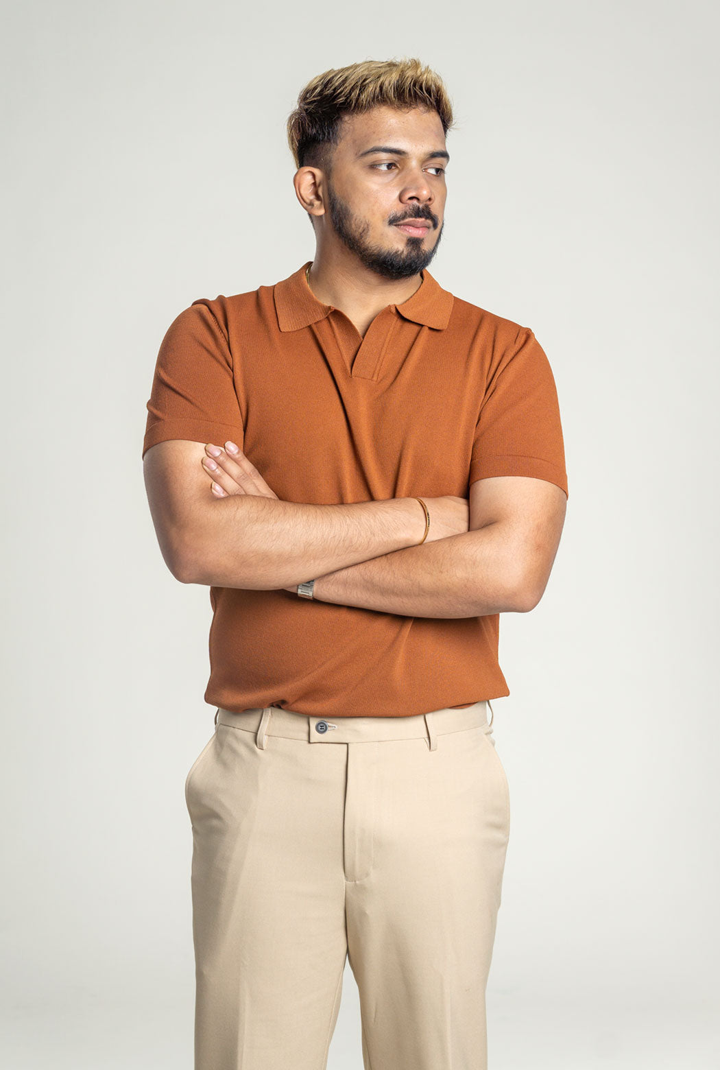 Knit Polo Shirt - Cinnamon Brown Open Collar