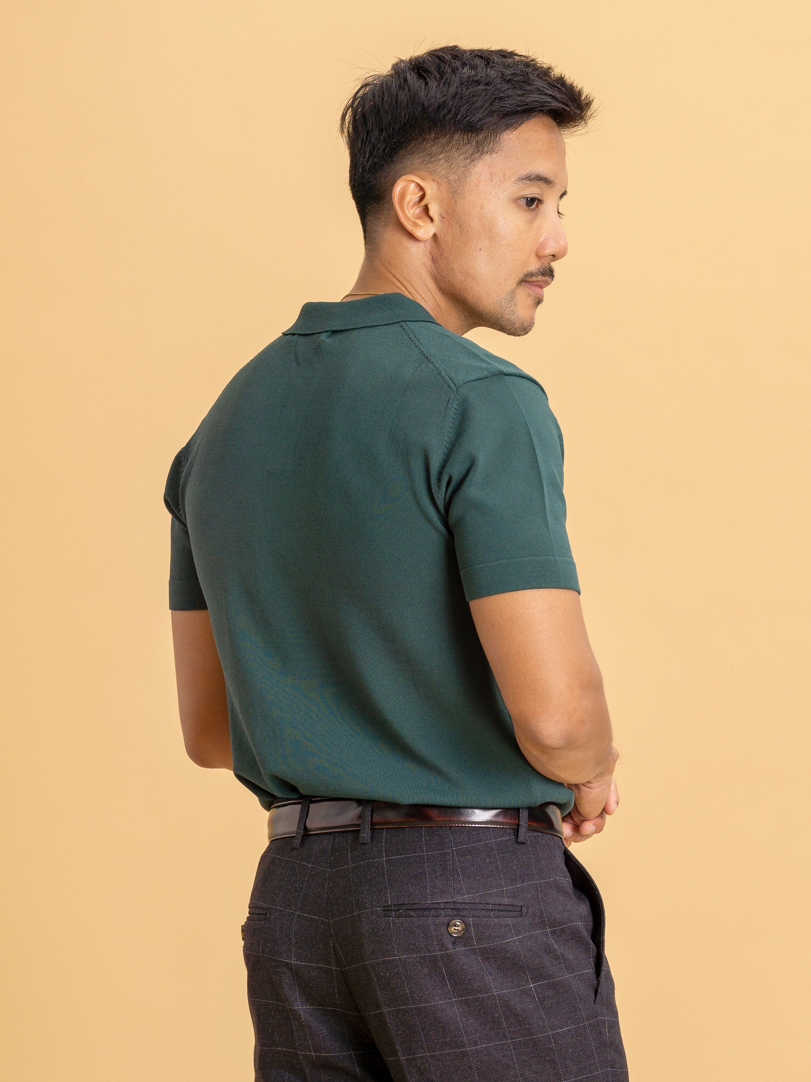 Knit Polo Shirt - Open Collar - Emerald Green