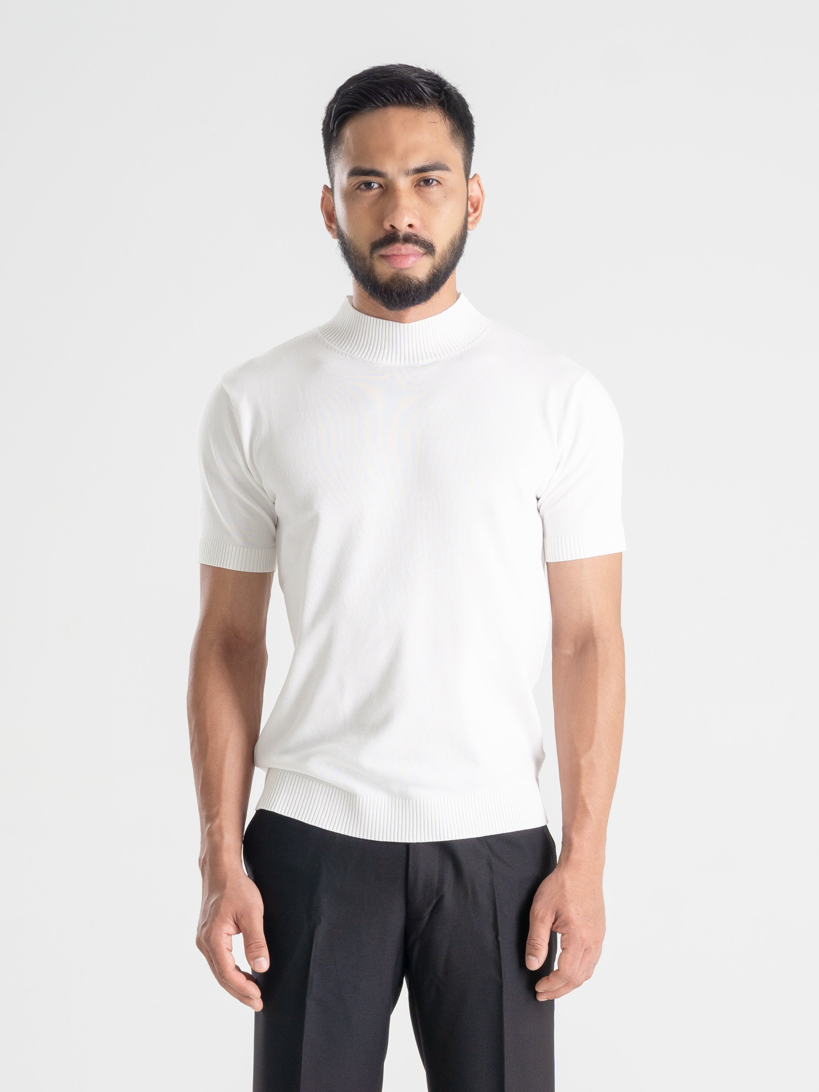 Knit Tee with Ribbed Collar - Pure White.