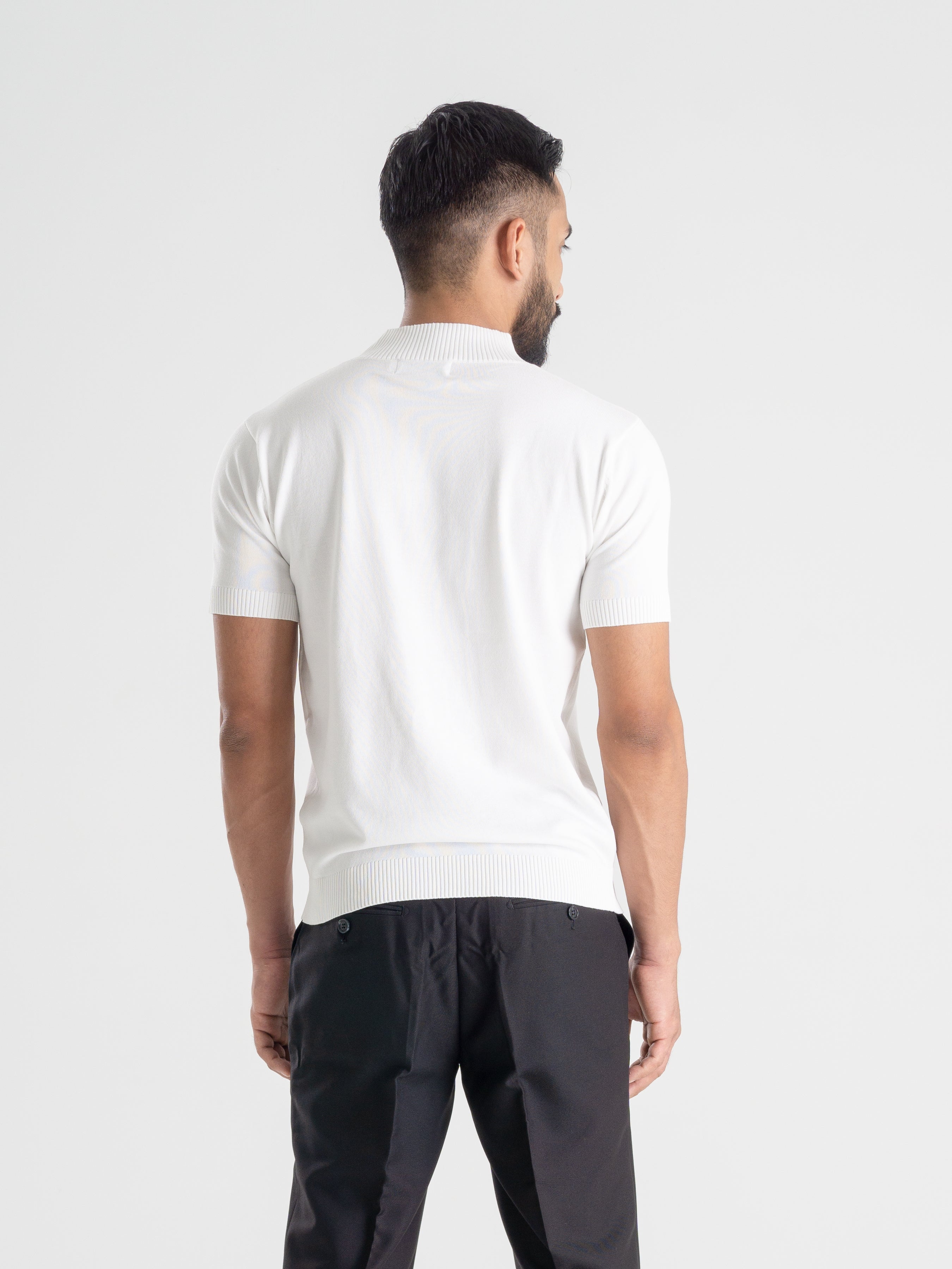 Knit Tee with Ribbed Collar - Pure White.