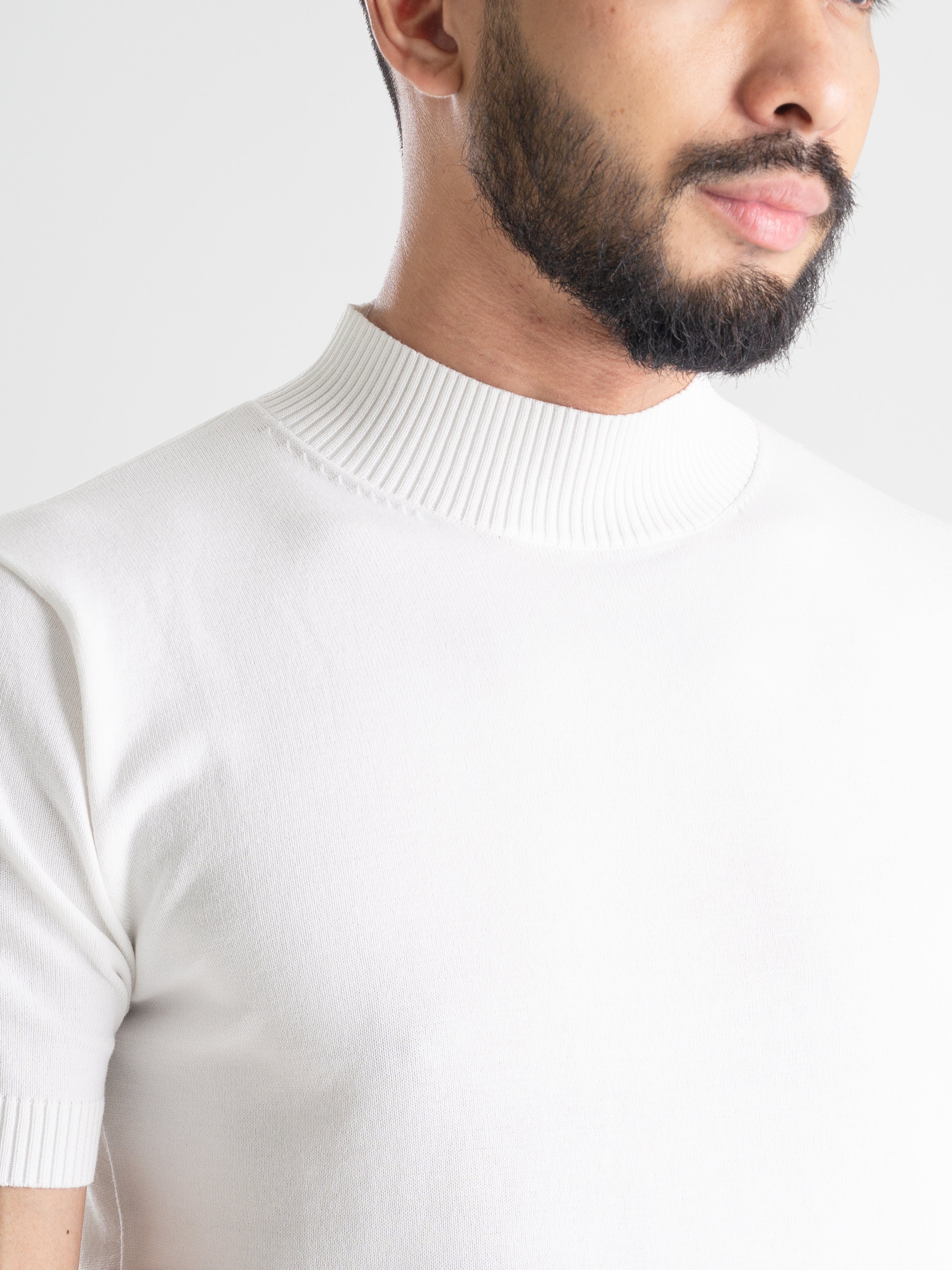 Knit Tee with Ribbed Collar - Pure White.