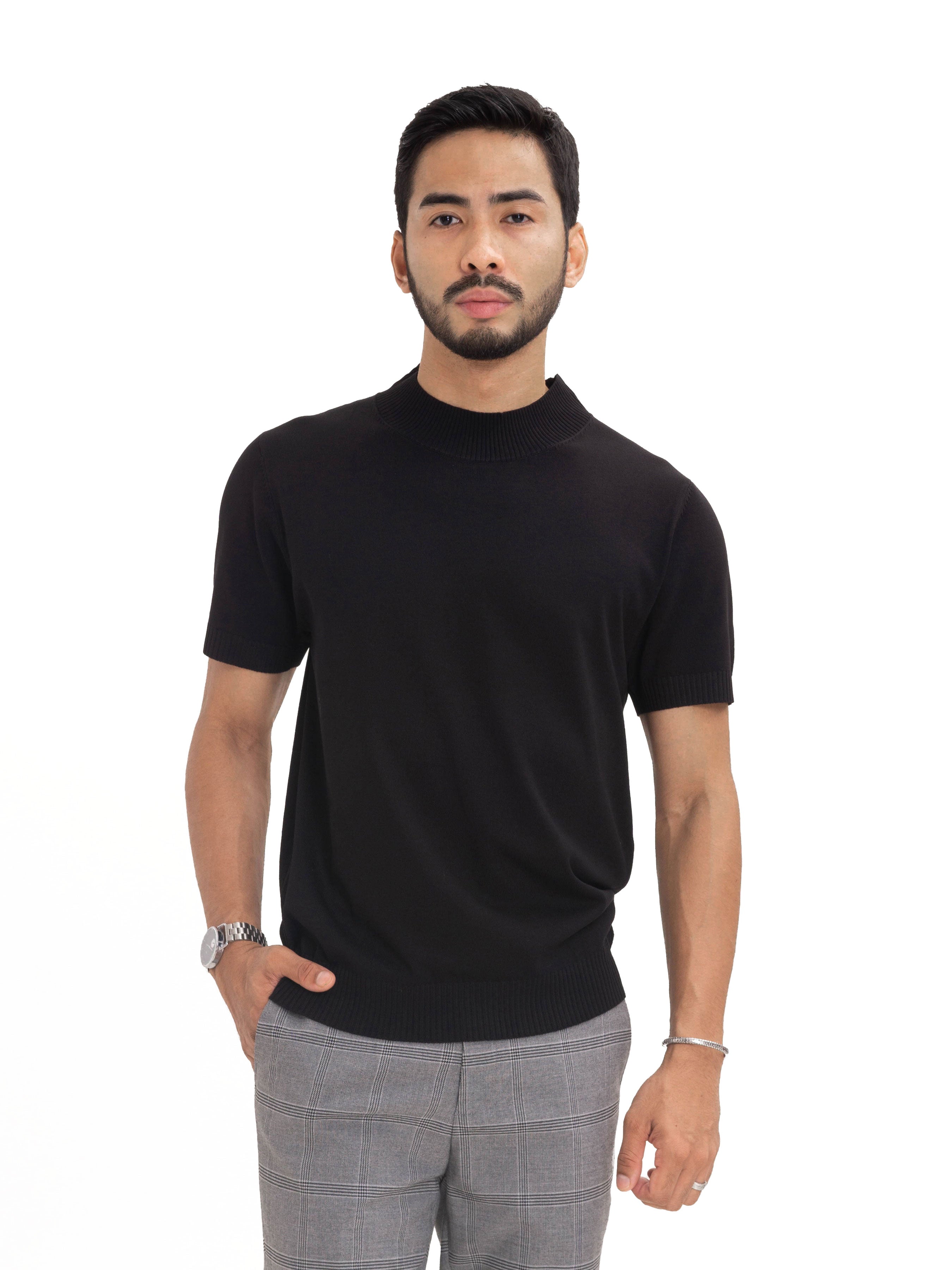 Knitted Black Tee with Ribbed Collar