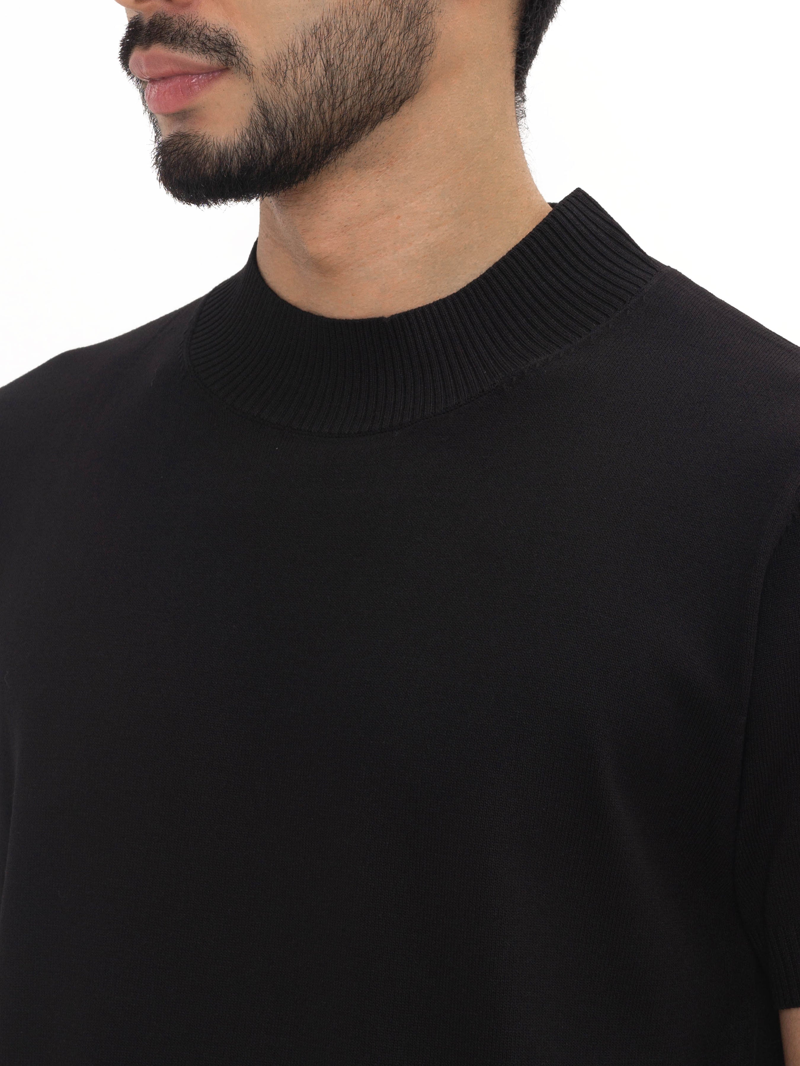 Knitted Black Tee with Ribbed Collar