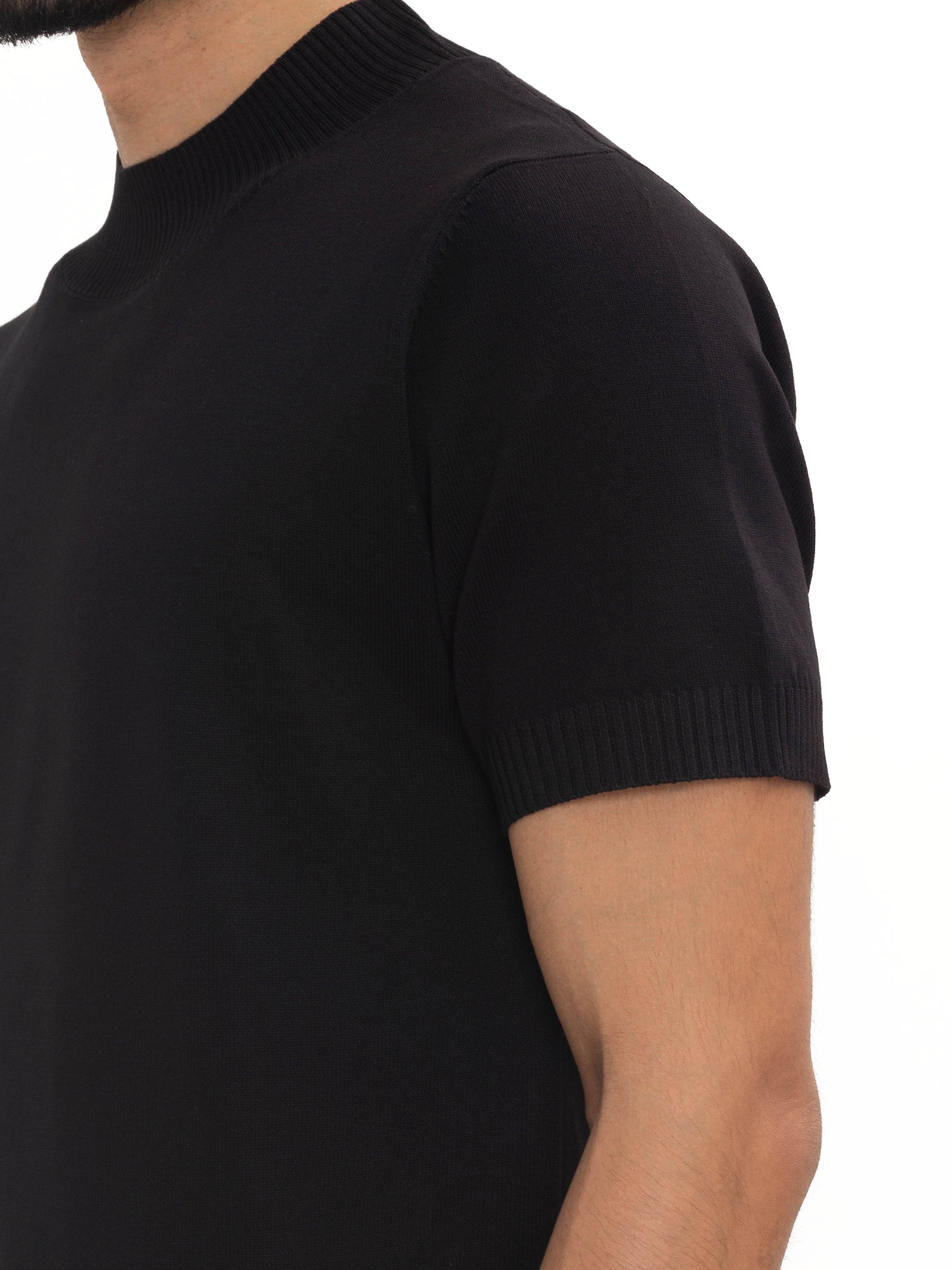 Knitted Black Tee with Ribbed Collar