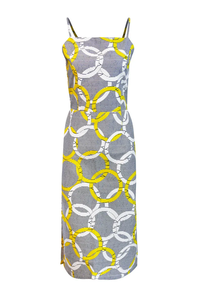 Kokumo White/Yellow Union Print Midi Dress Spaghetti Strap