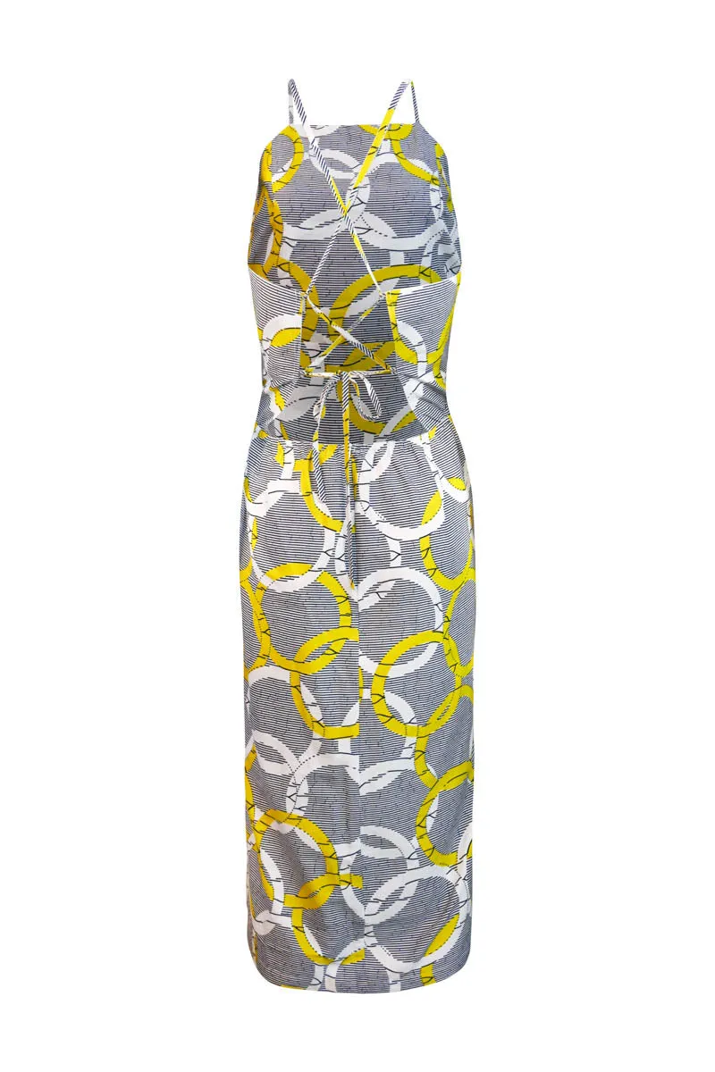 Kokumo White/Yellow Union Print Midi Dress Spaghetti Strap