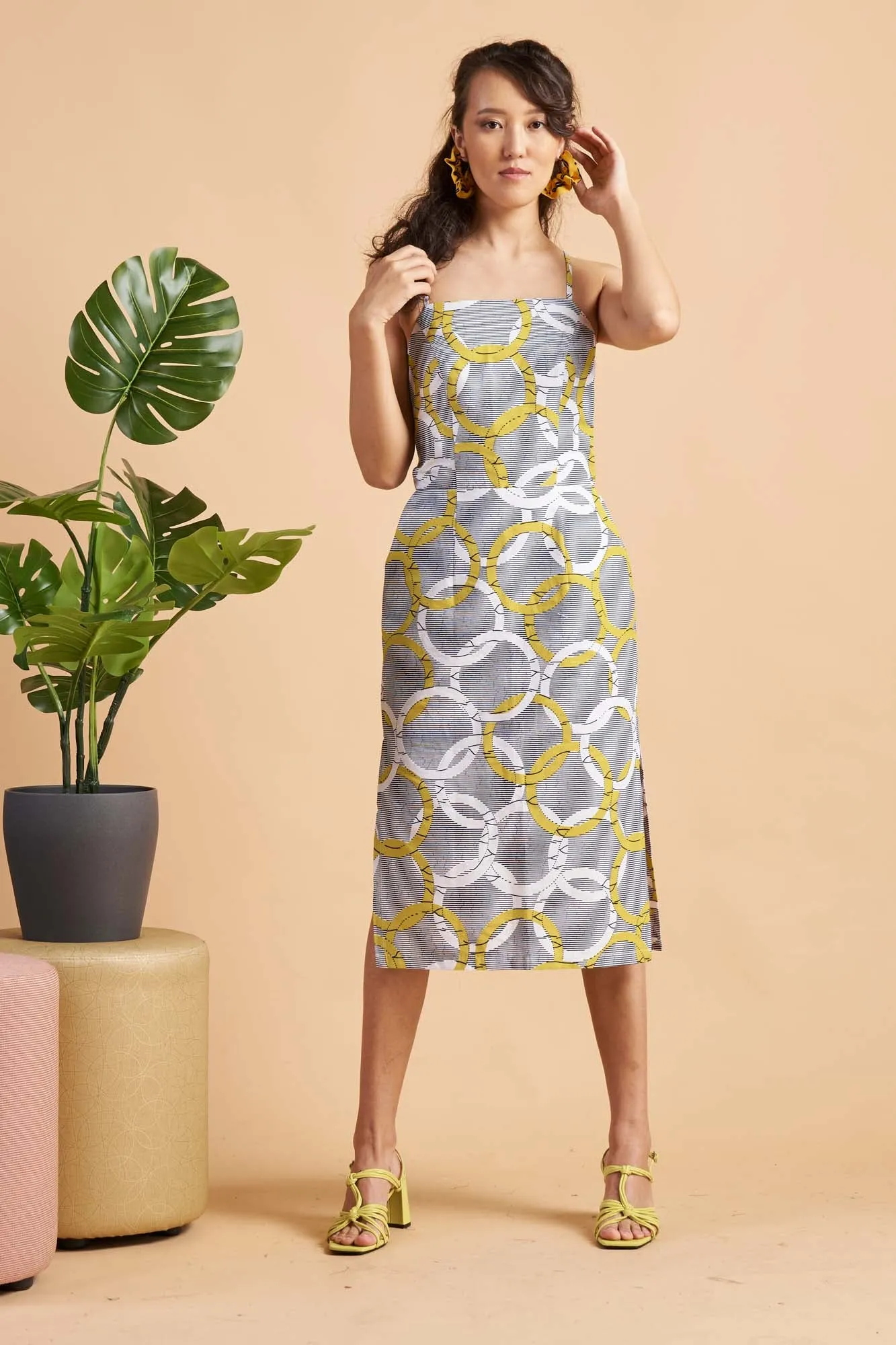 Kokumo White/Yellow Union Print Midi Dress Spaghetti Strap