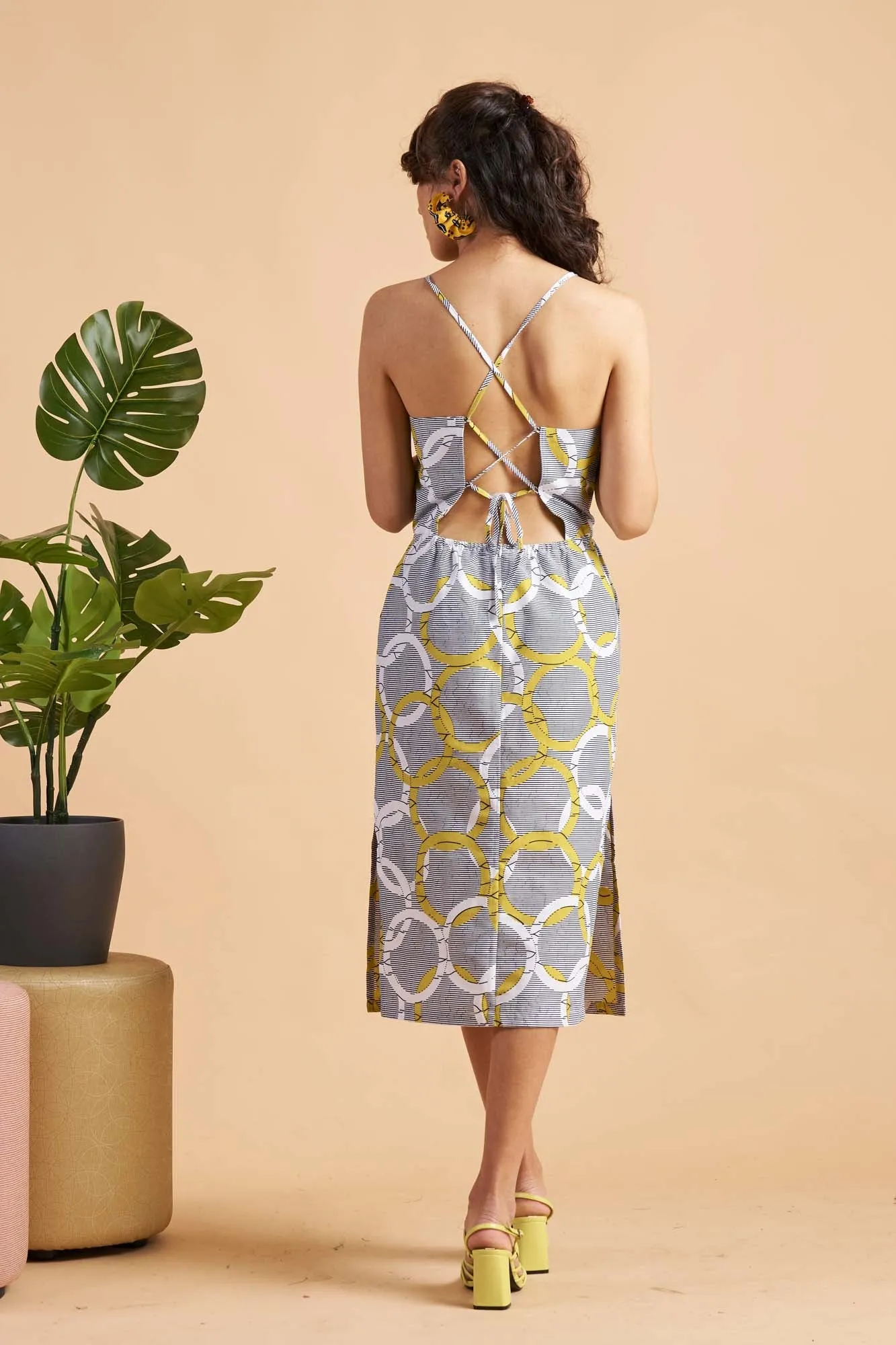 Kokumo White/Yellow Union Print Midi Dress Spaghetti Strap