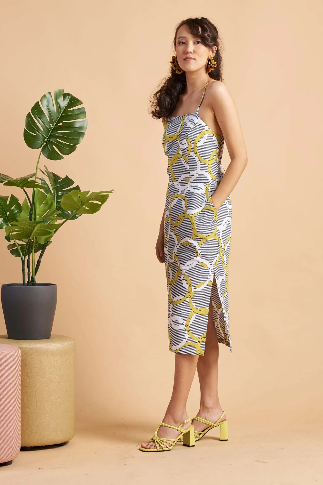 Kokumo White/Yellow Union Print Midi Dress Spaghetti Strap