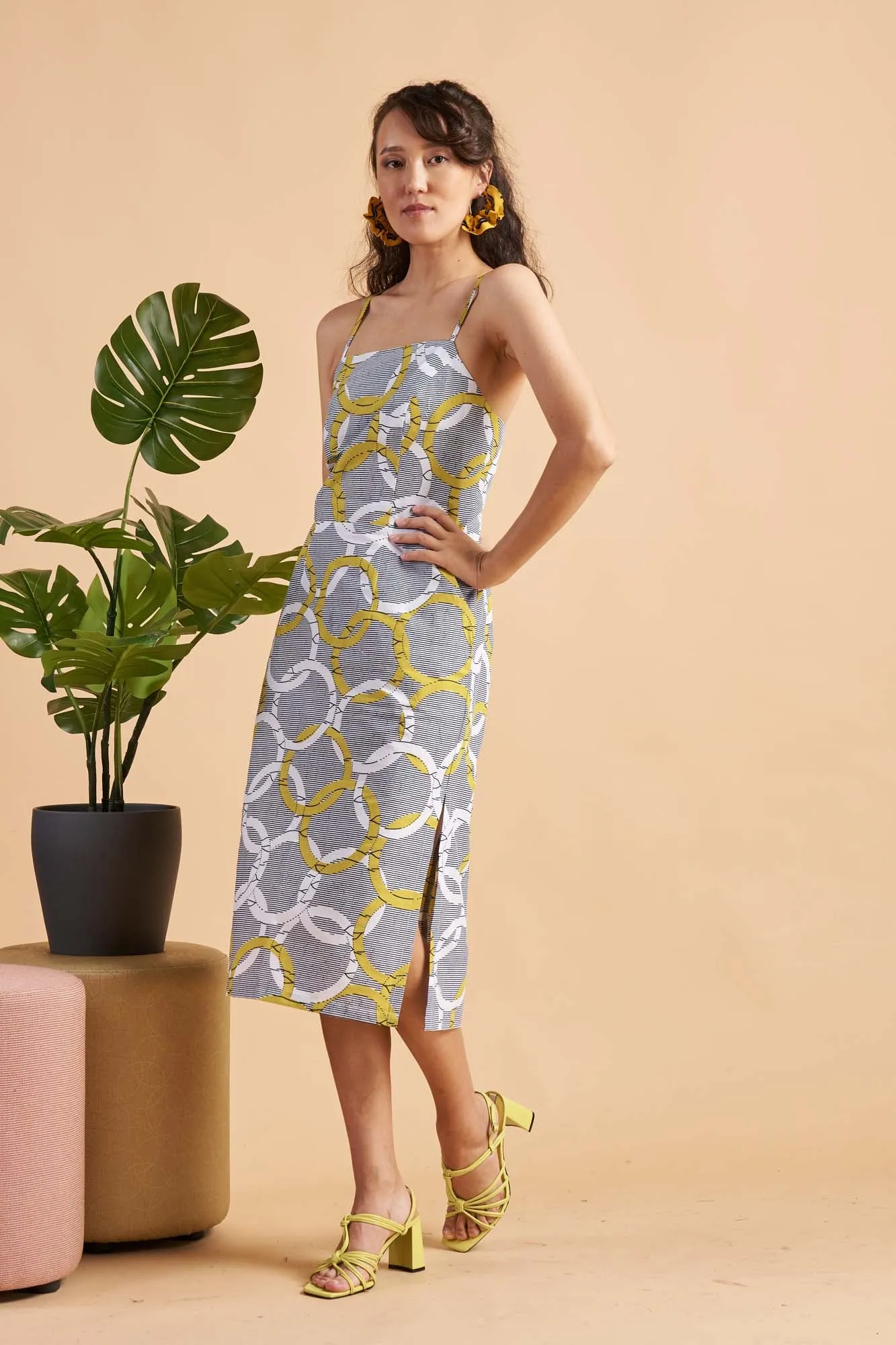 Kokumo White/Yellow Union Print Midi Dress Spaghetti Strap