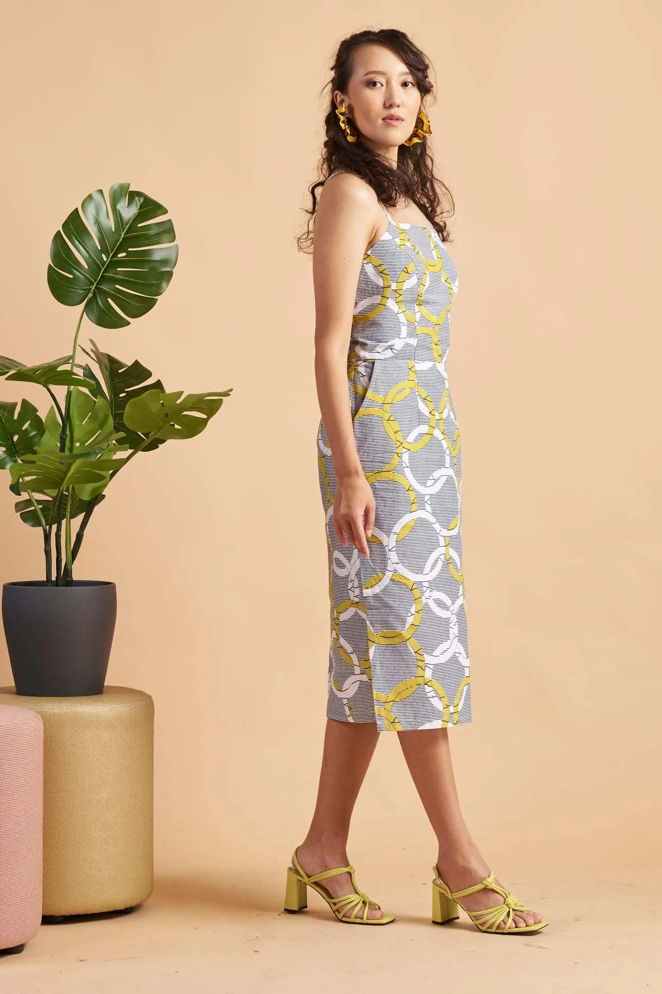 Kokumo White/Yellow Union Print Midi Dress Spaghetti Strap