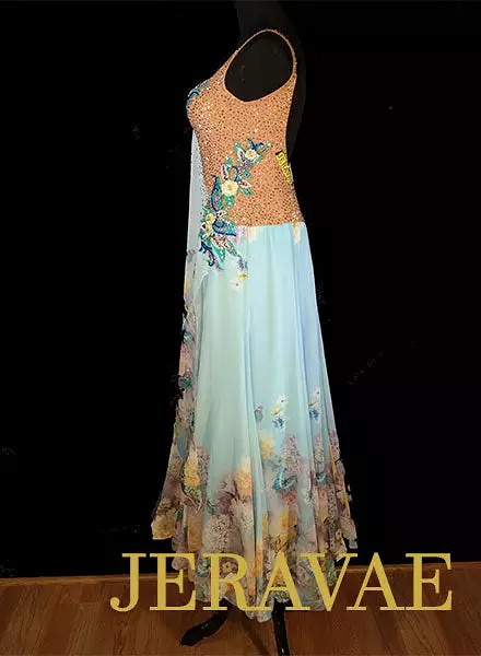 Light Blue Chiffon Ballroom Dress with Faded Floral Skirt and Lace Applique Embellished with Swarovski Crystals, Size M/L, Style