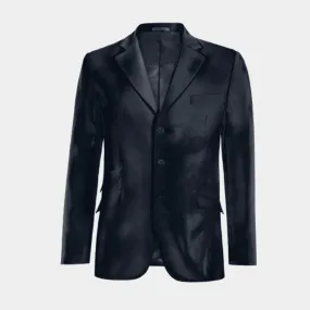 Limited edition 3-button navy blue velvet blazer with wide lapels.