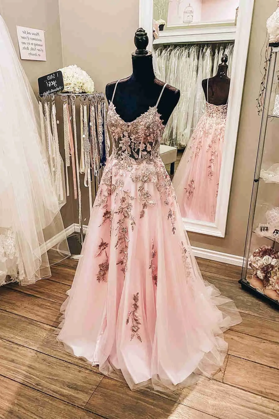 Long Formal Dress with Appliques Pink Spaghetti Straps