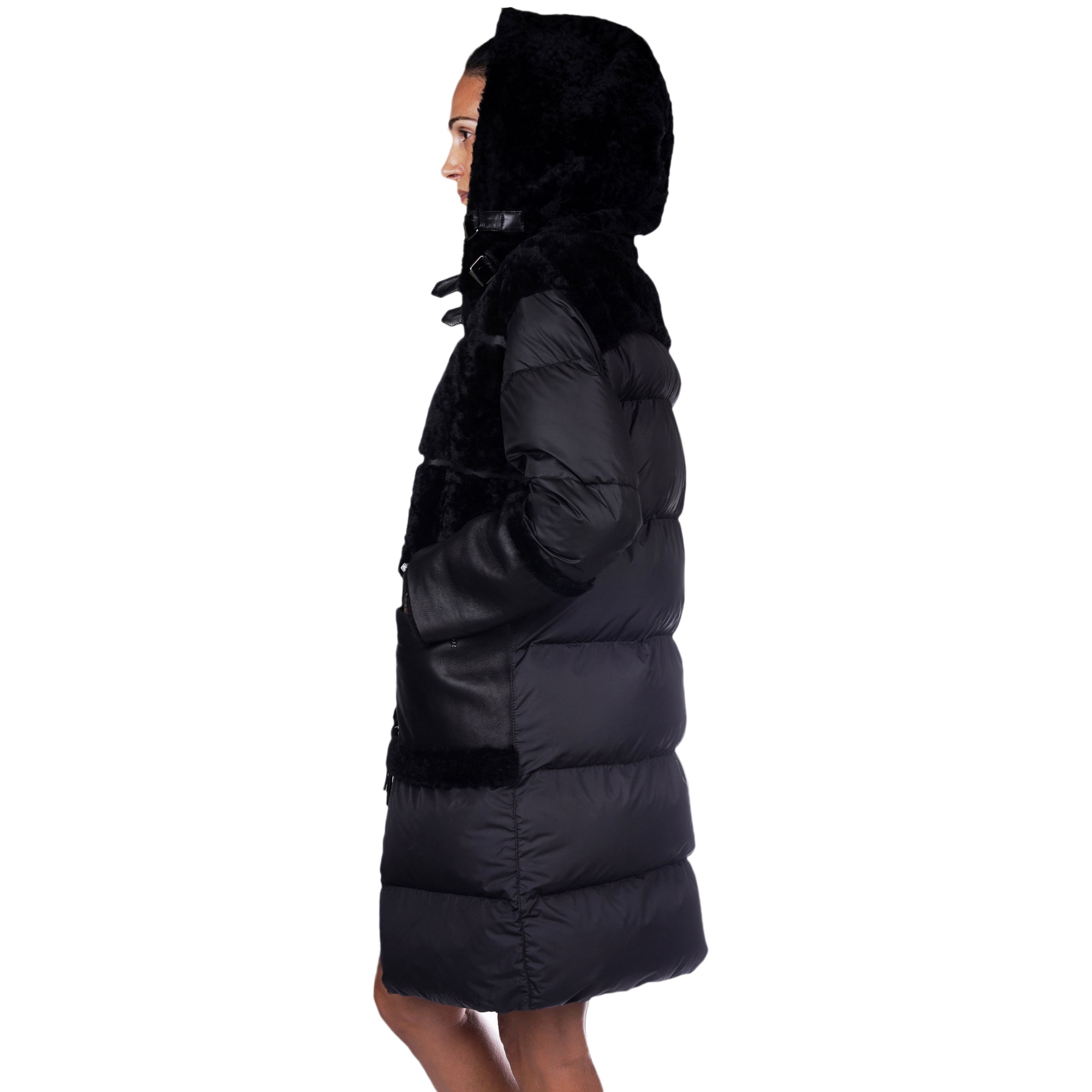 Long Leather Down Jacket - Nero