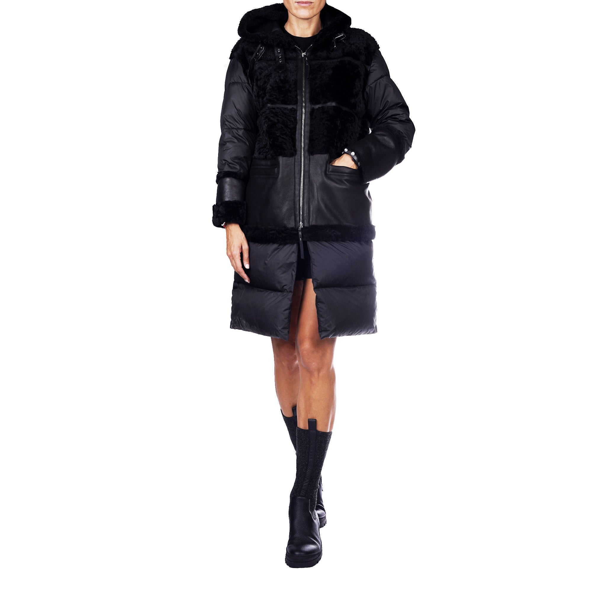 Long Leather Down Jacket - Nero