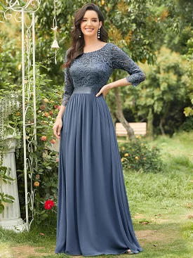 Long Sleeve Lace Chiffon Gown - Plus Size 24 - Style 12074N