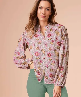 Printed Long Sleeve Tunisian Collared Blouse