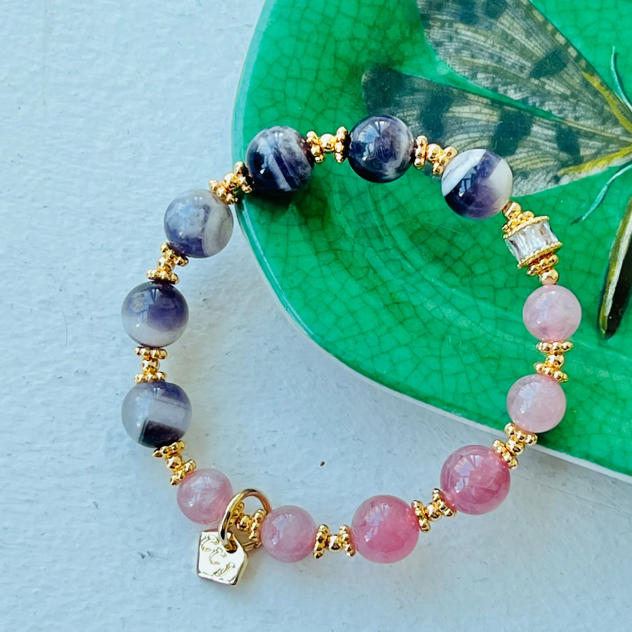 Madagascar Rose Quartz & Chevron Amethyst Moon Bracelet