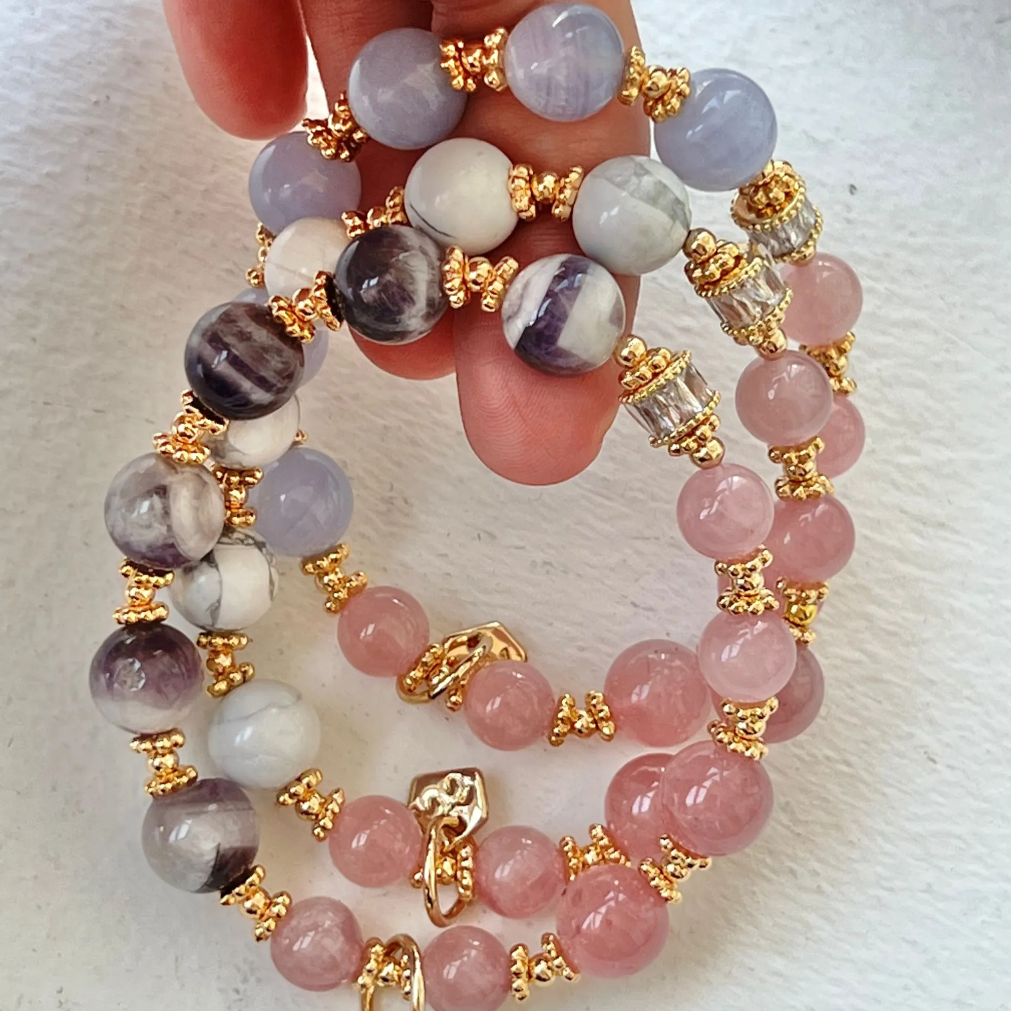 Madagascar Rose Quartz & Chevron Amethyst Moon Bracelet