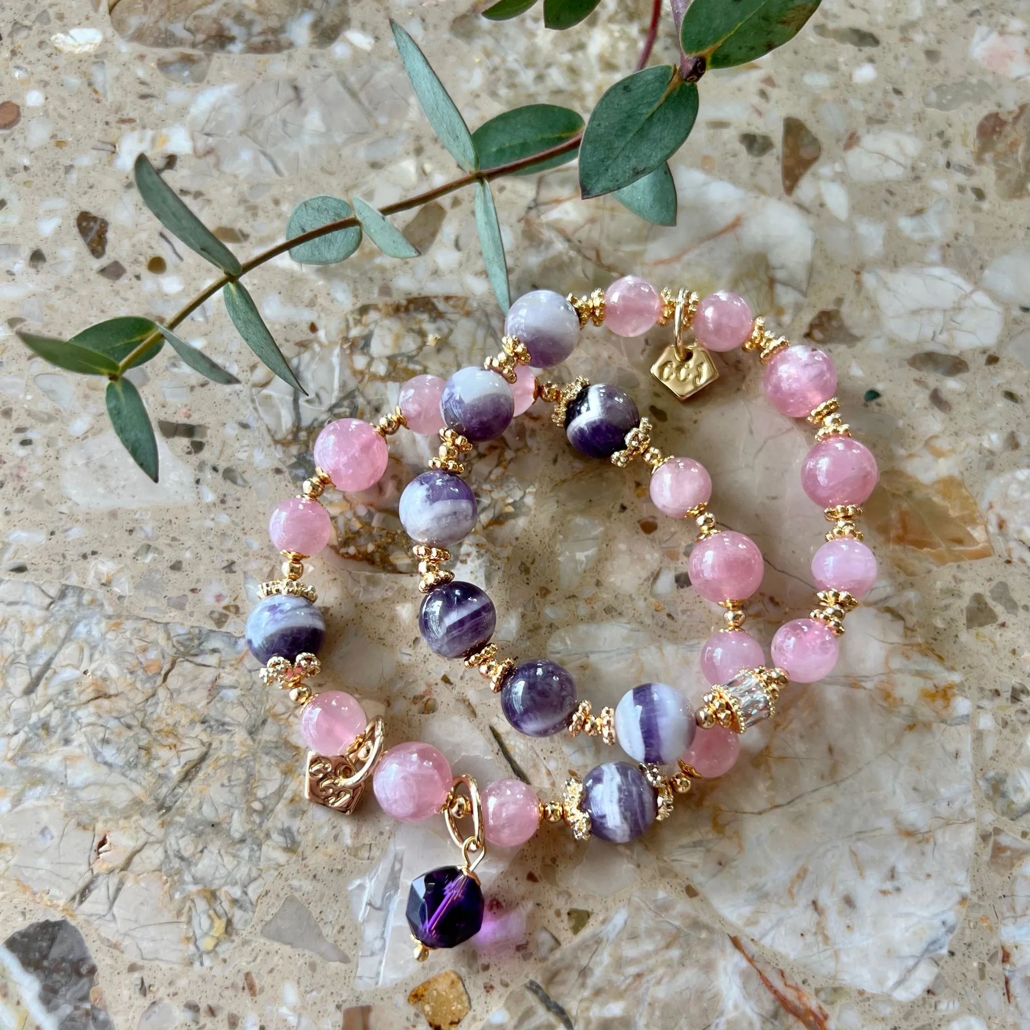 Madagascar Rose Quartz & Chevron Amethyst Moon Bracelet