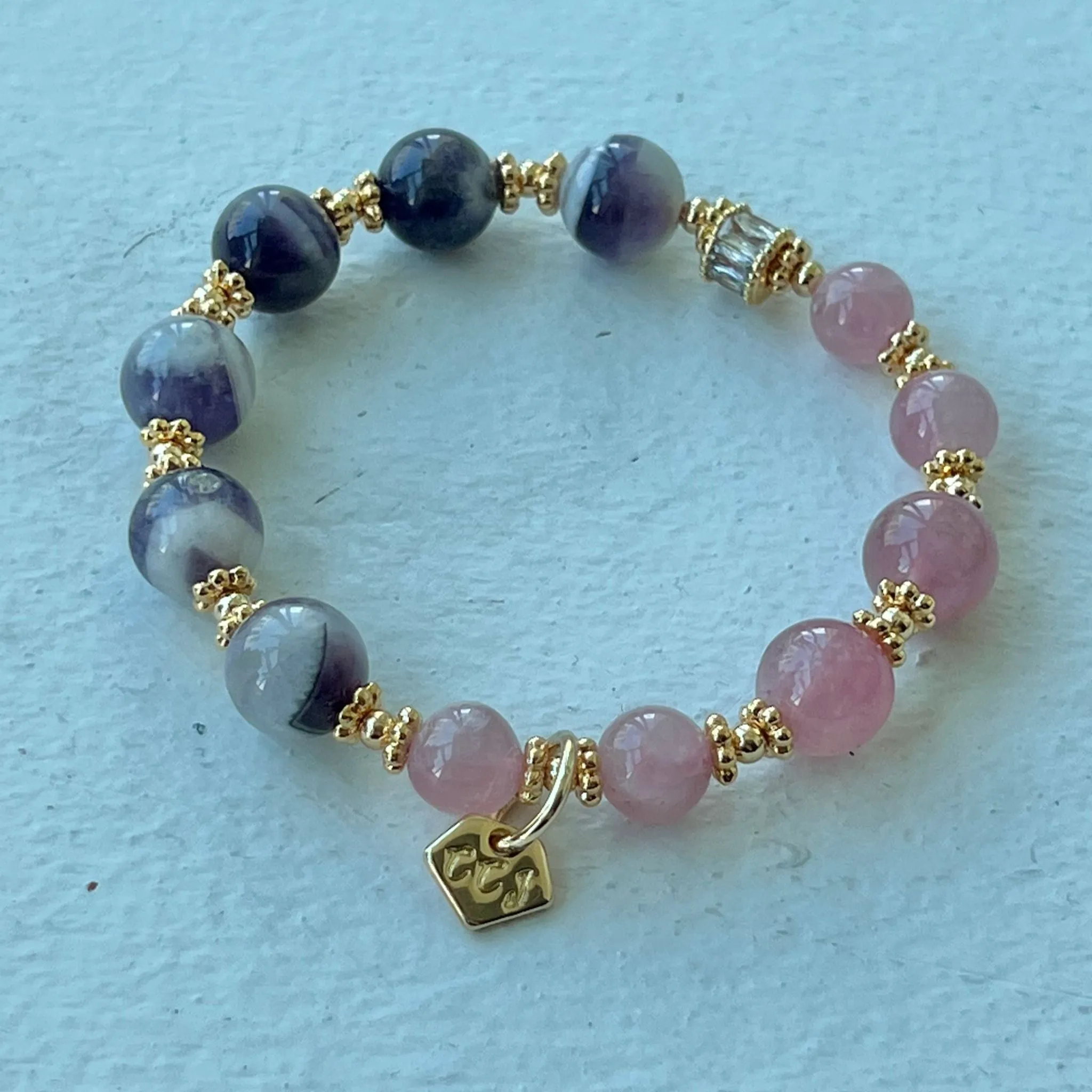 Madagascar Rose Quartz & Chevron Amethyst Moon Bracelet