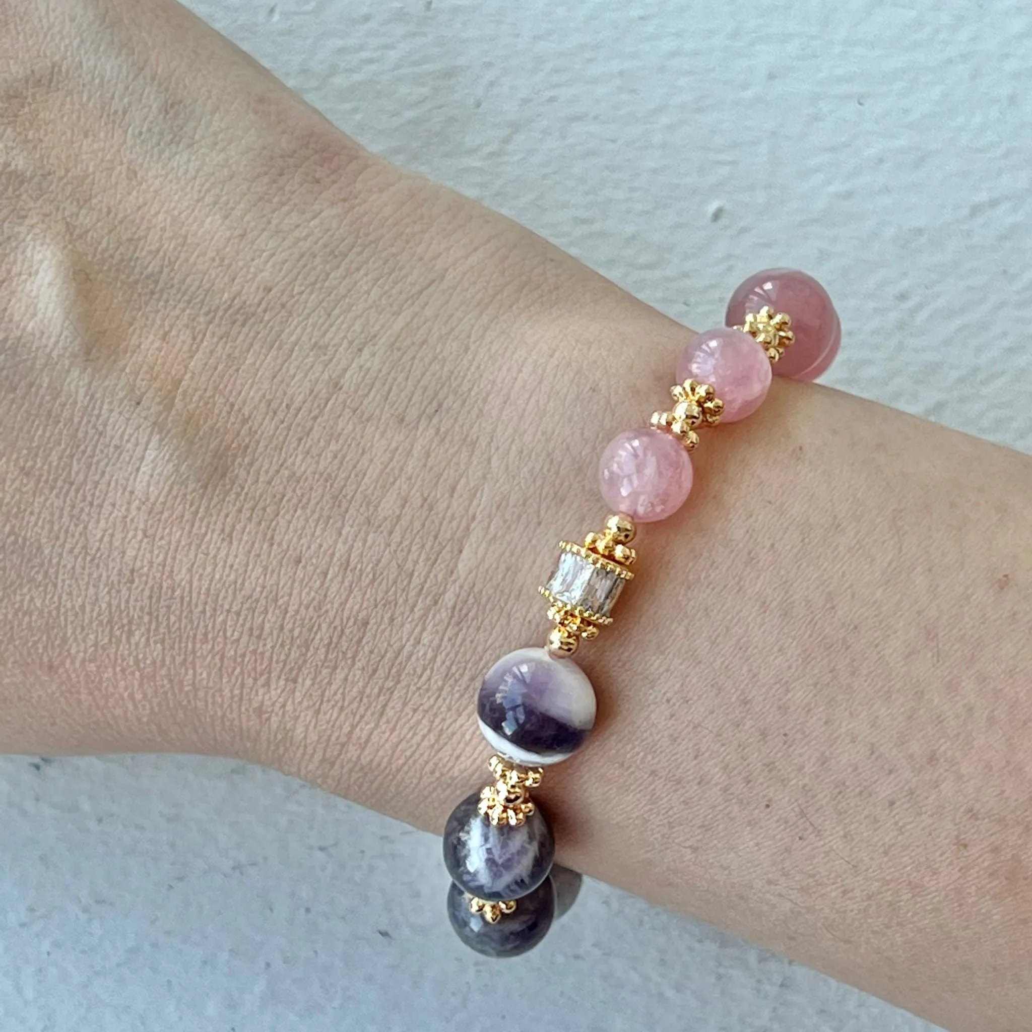 Madagascar Rose Quartz & Chevron Amethyst Moon Bracelet