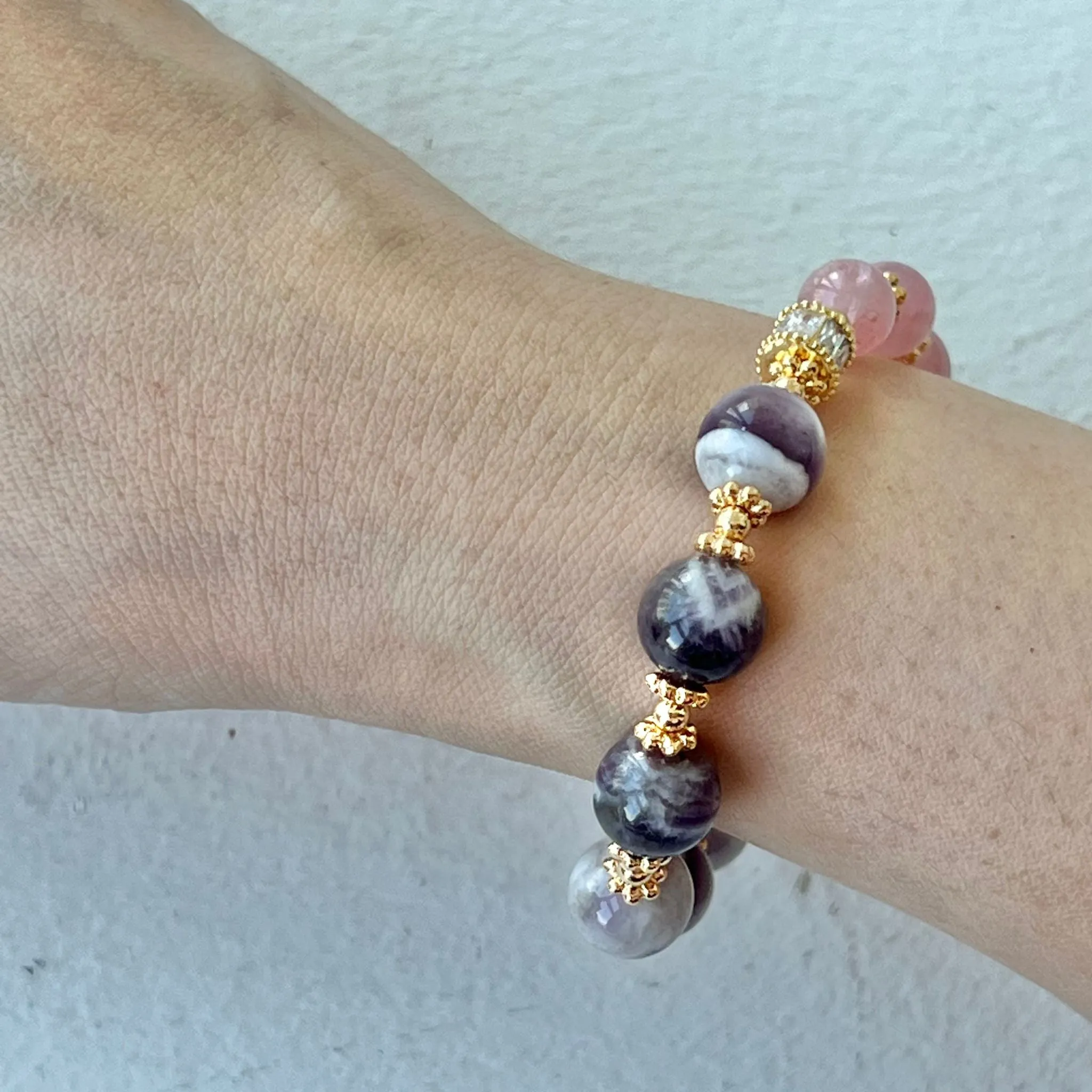 Madagascar Rose Quartz & Chevron Amethyst Moon Bracelet