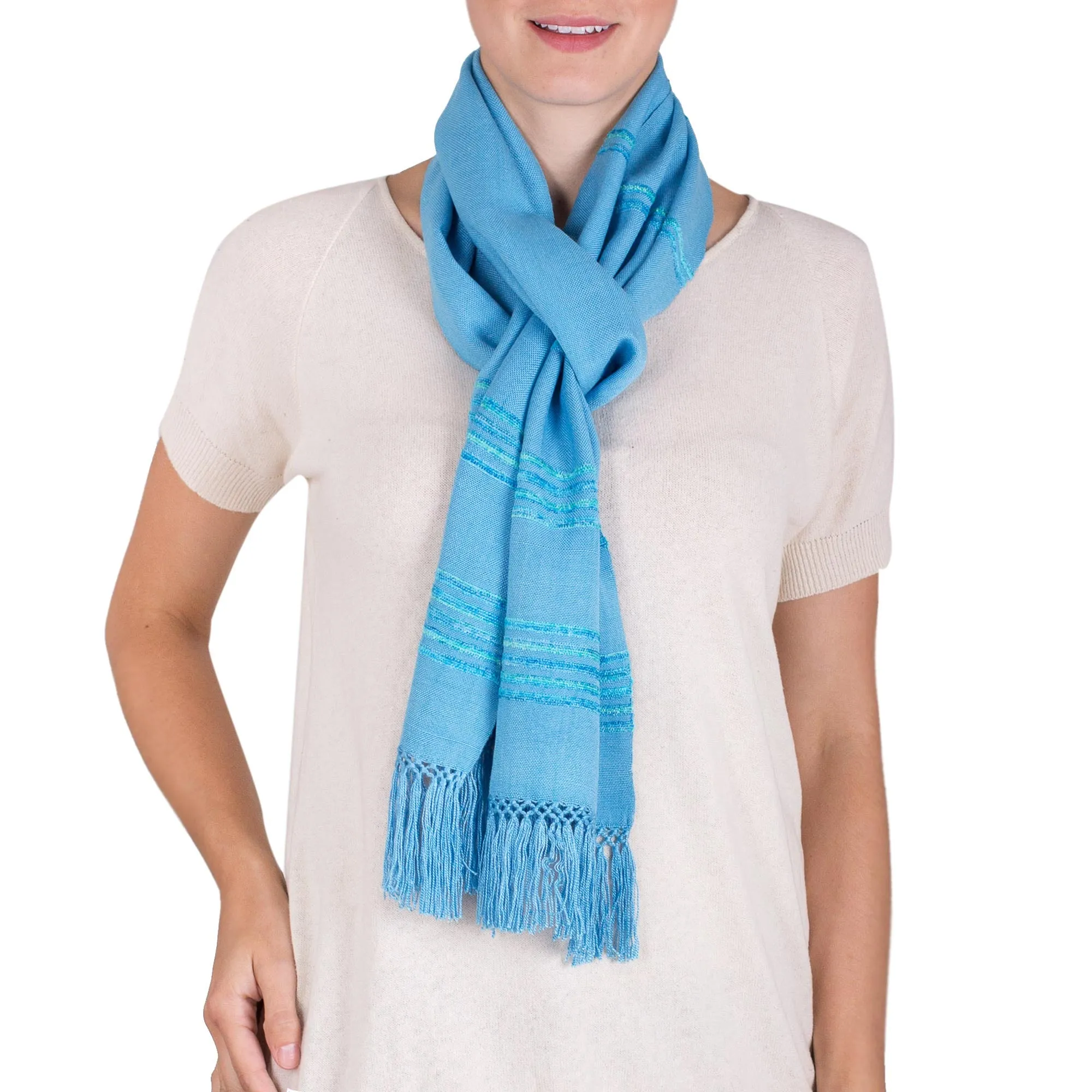 Maya Sky Blue Turquoise Scarf - Handwoven Rayon Fiber