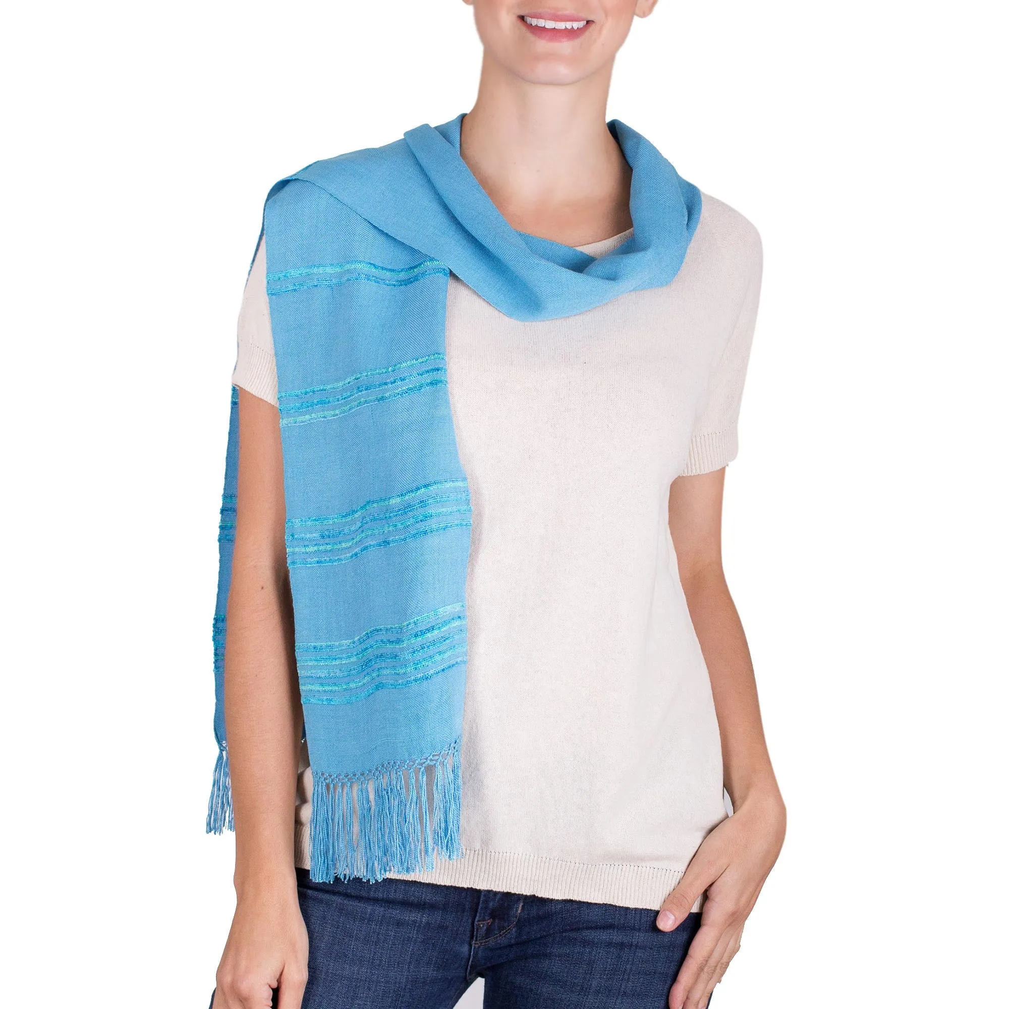 Maya Sky Blue Turquoise Scarf - Handwoven Rayon Fiber