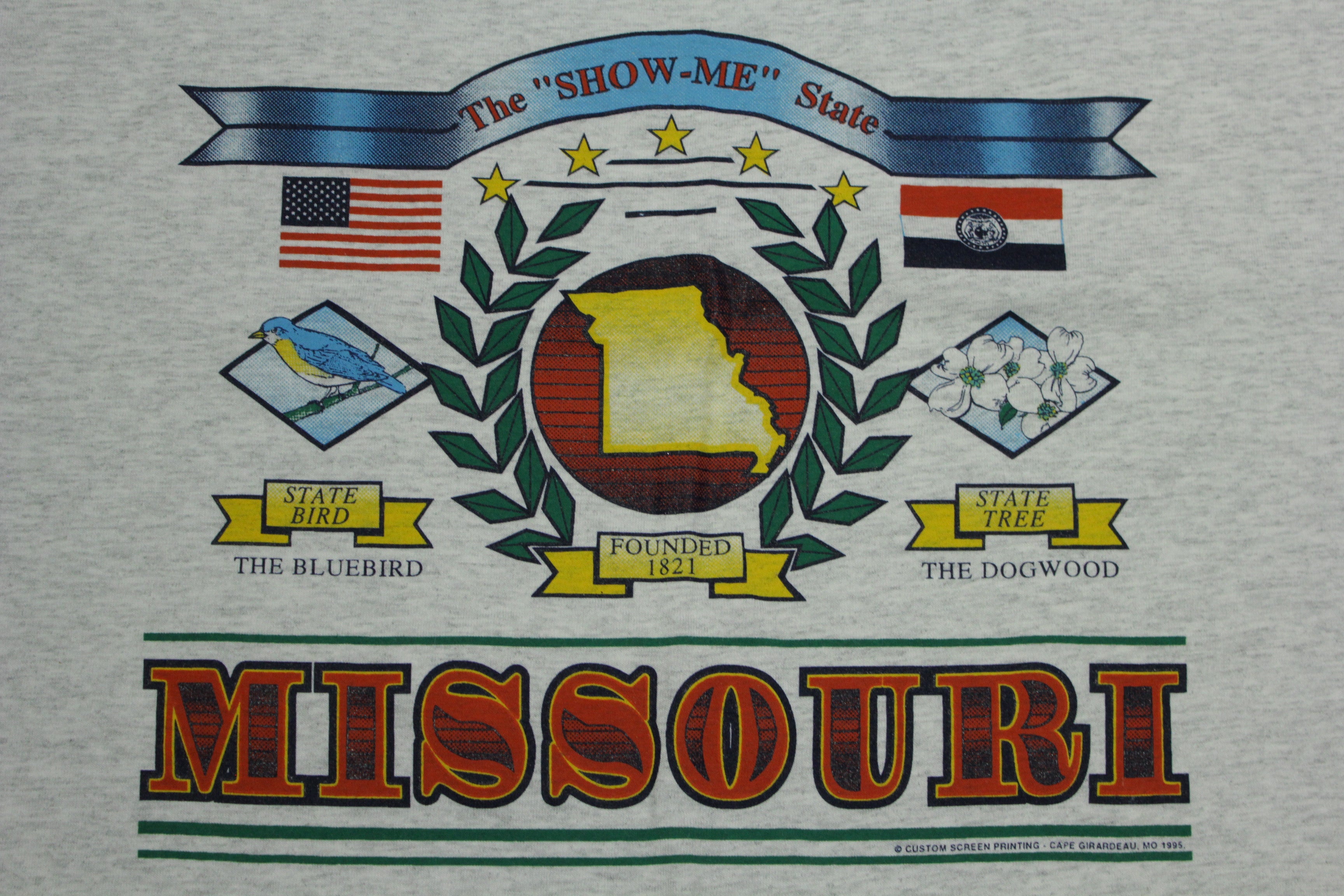 Missouri Vintage 1995 T-Shirt - Striped Single Stitch - Show Me State USA Tourist