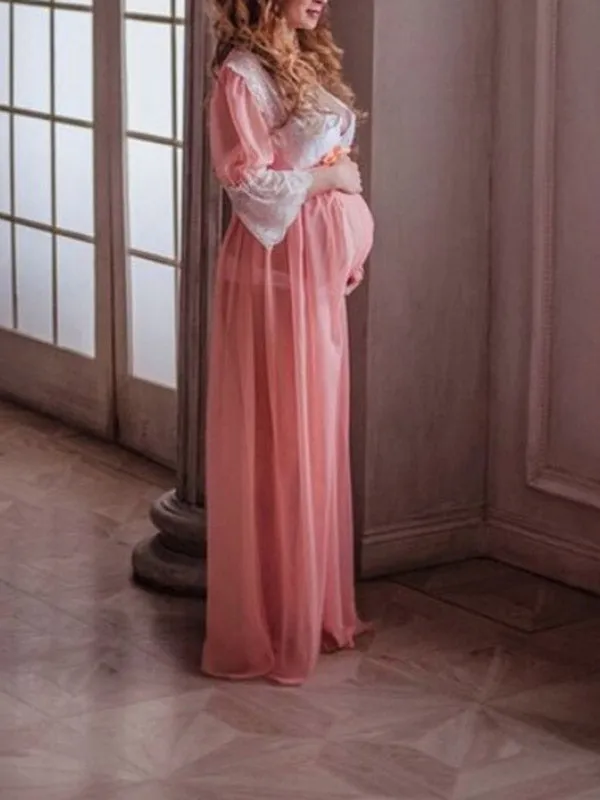 Pink Lace Maternity Maxi Dress for Photoshoot