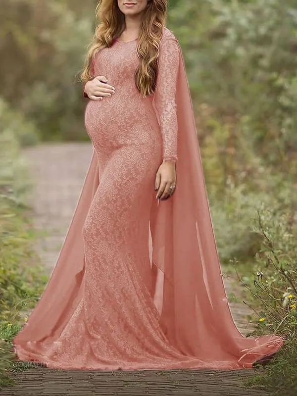 Mama Lace Maternity Flowy Maxi Dress for Baby Shower, Chiffon Bodycon