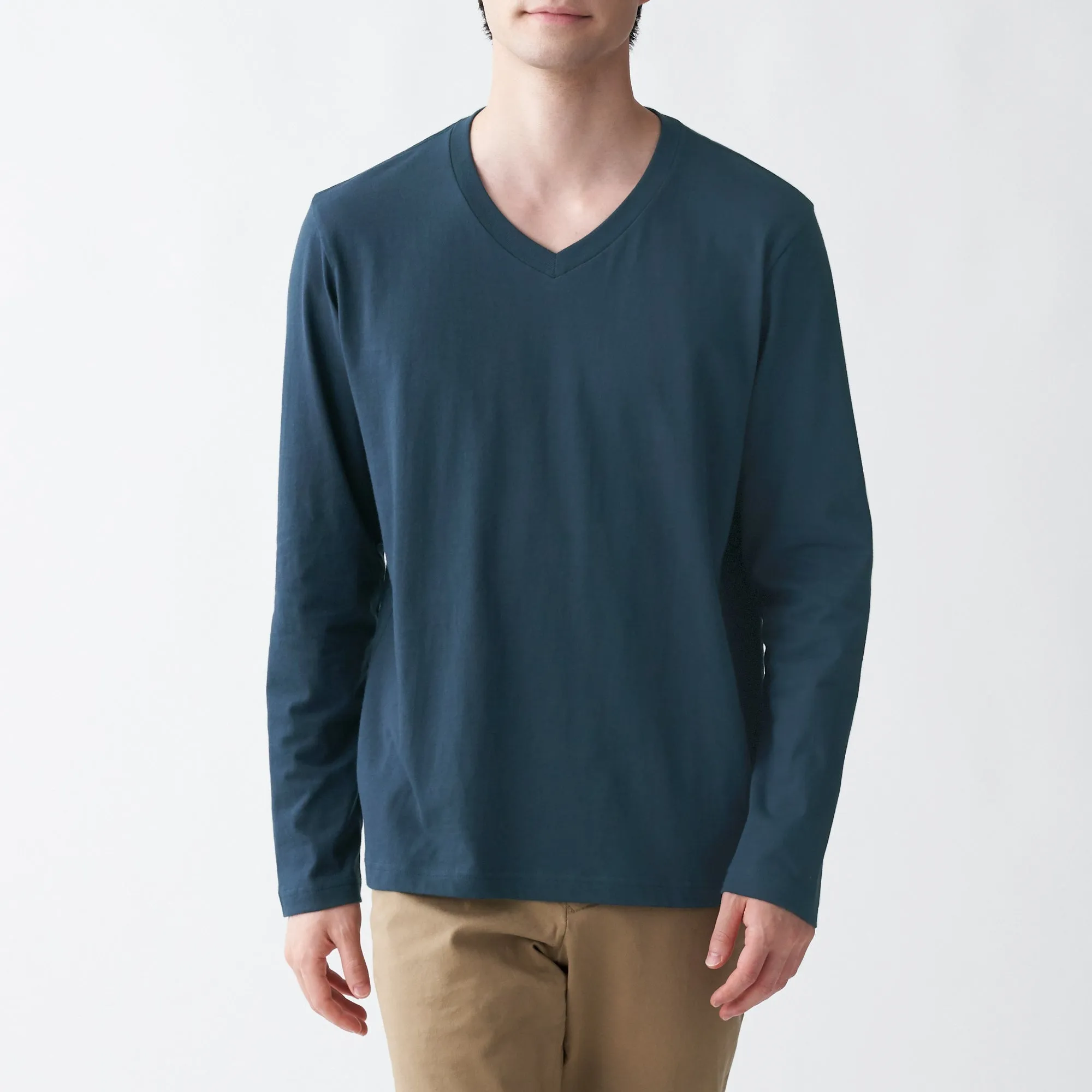 MUJI Mens Indian Cotton Jersey Stitch V-Neck Long-Sleeve T-Shirt