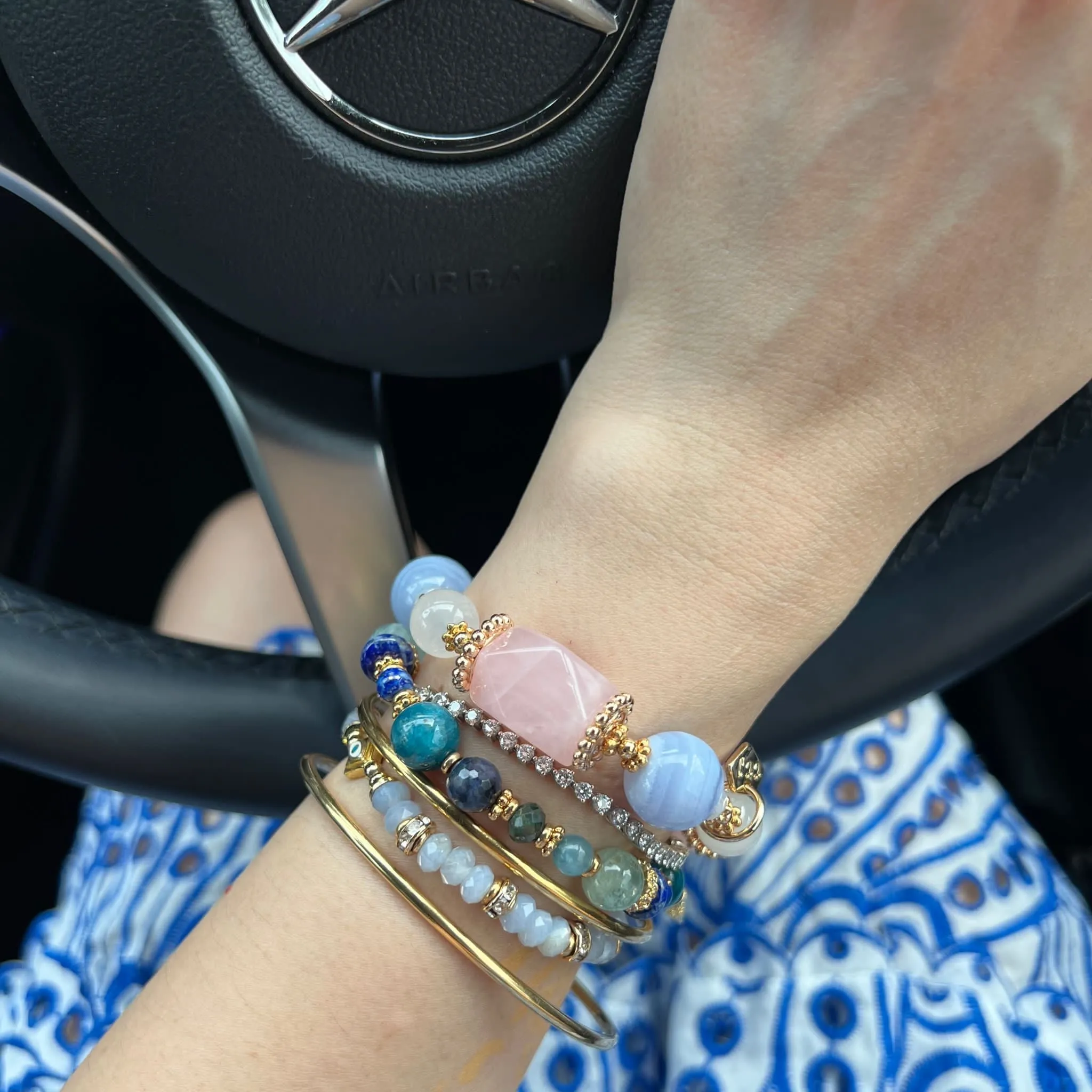 Natural Gemstone Bracelet with Rose Quartz, Blue Lace Agate, and Moonstone