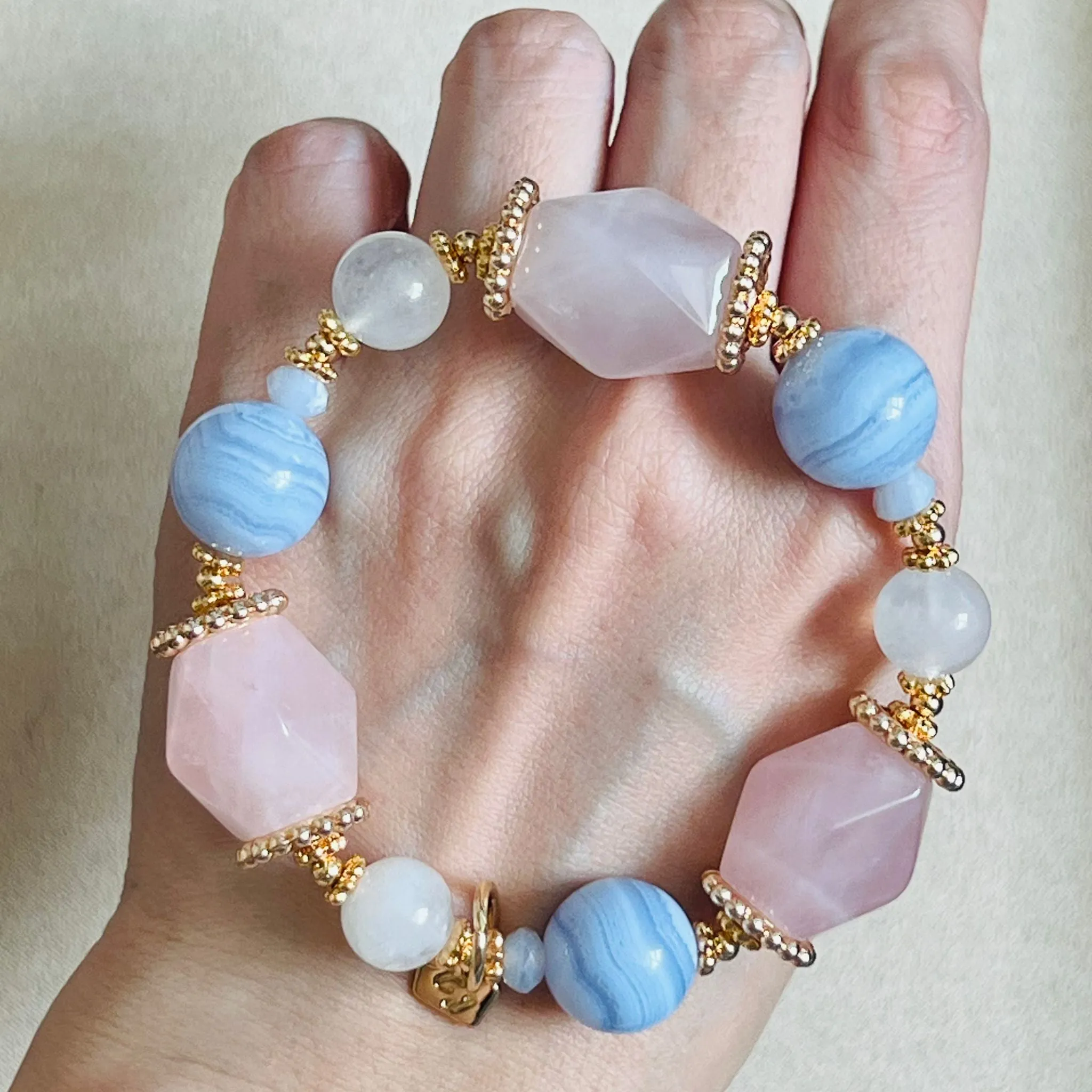 Natural Gemstone Bracelet with Rose Quartz, Blue Lace Agate, and Moonstone