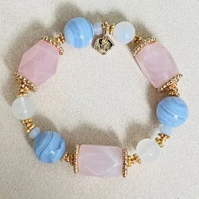 Natural Gemstone Bracelet with Rose Quartz, Blue Lace Agate, and Moonstone