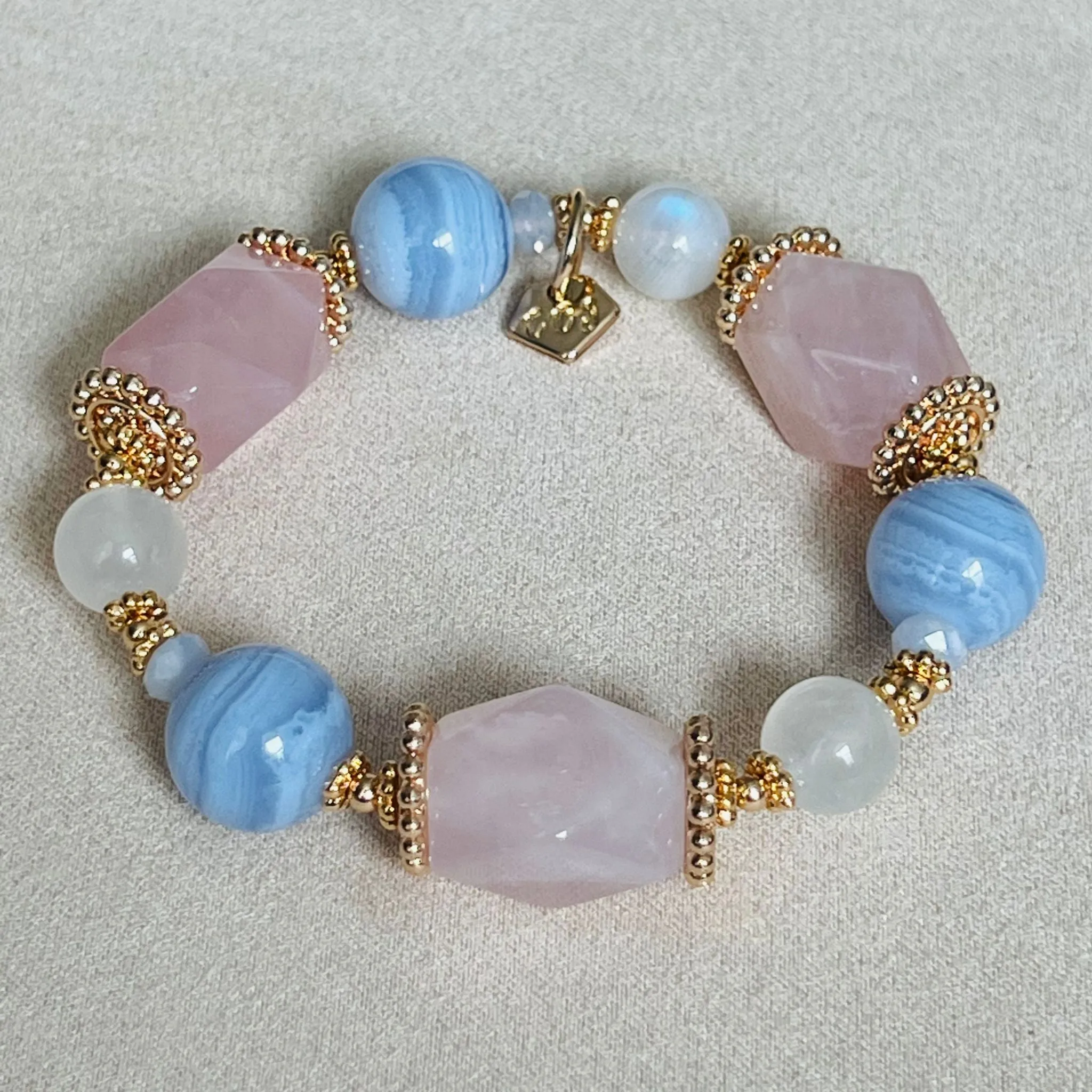 Natural Gemstone Bracelet with Rose Quartz, Blue Lace Agate, and Moonstone