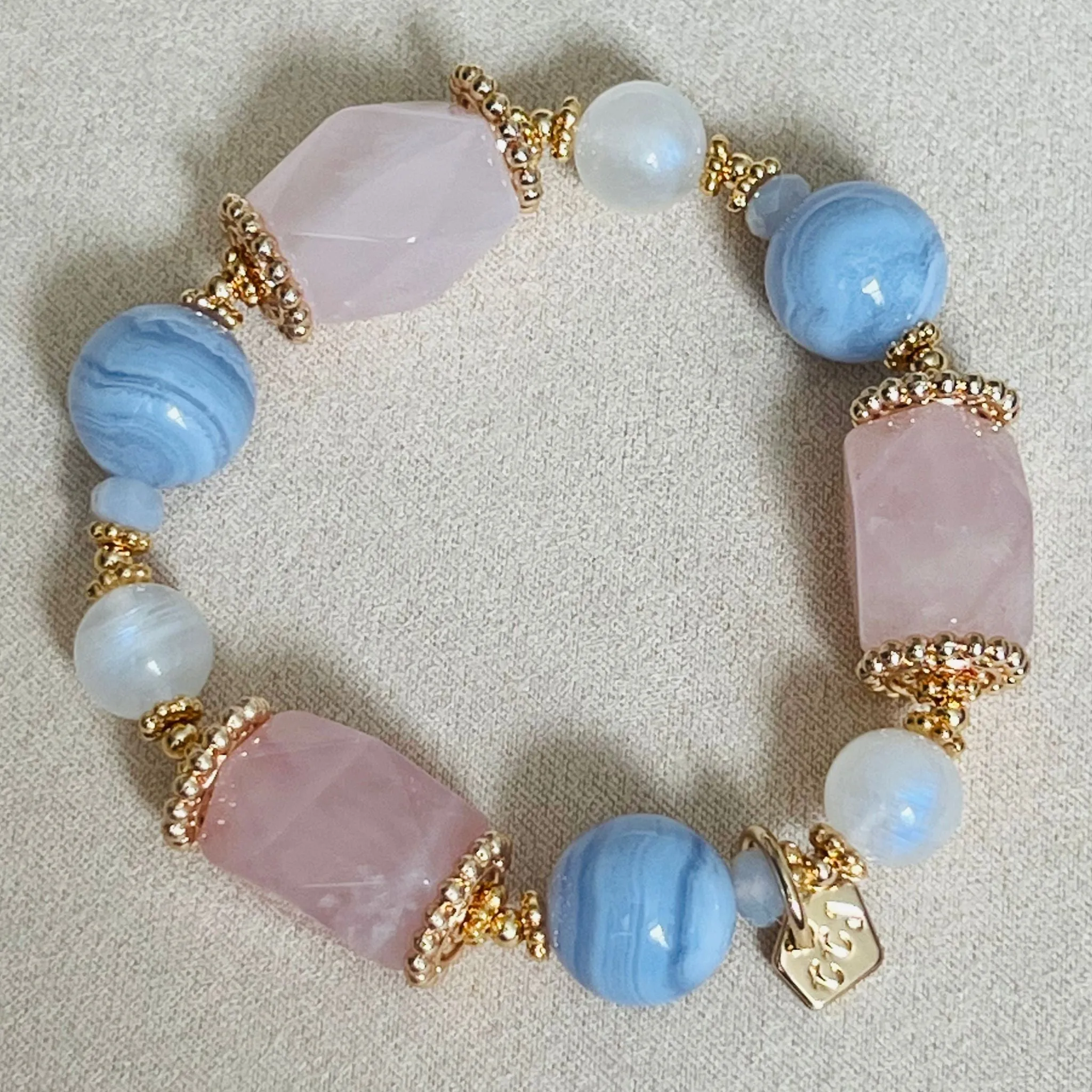 Natural Gemstone Bracelet with Rose Quartz, Blue Lace Agate, and Moonstone