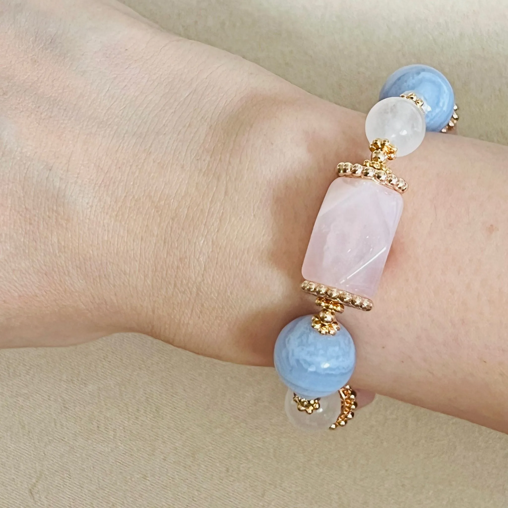 Natural Gemstone Bracelet with Rose Quartz, Blue Lace Agate, and Moonstone