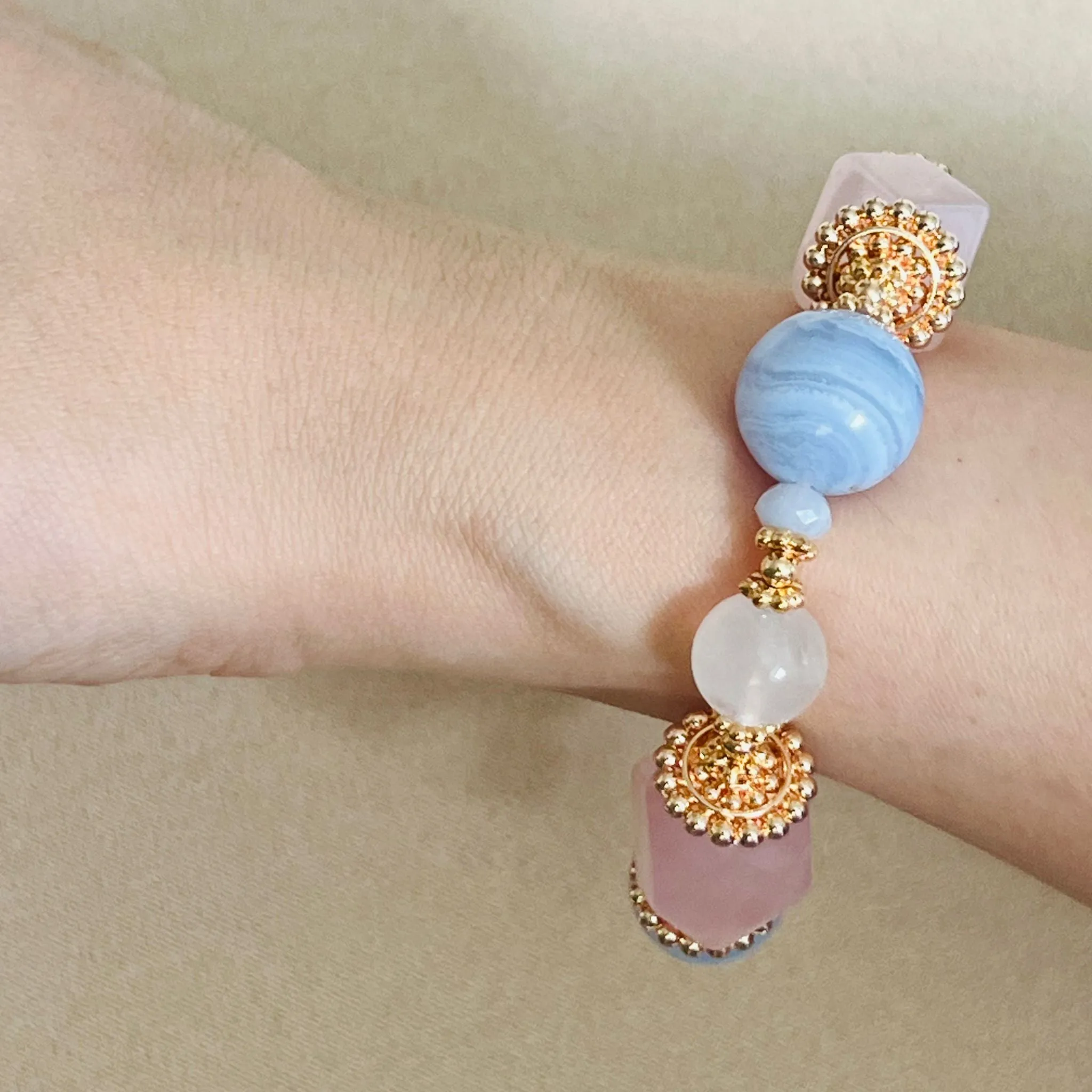 Natural Gemstone Bracelet with Rose Quartz, Blue Lace Agate, and Moonstone