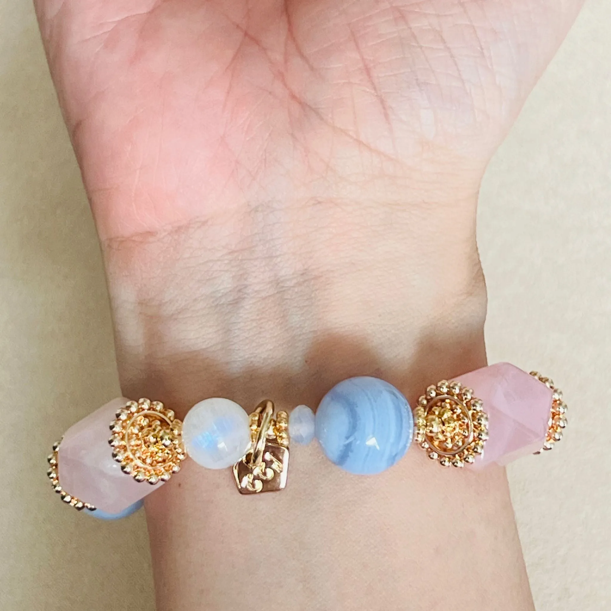 Natural Gemstone Bracelet with Rose Quartz, Blue Lace Agate, and Moonstone